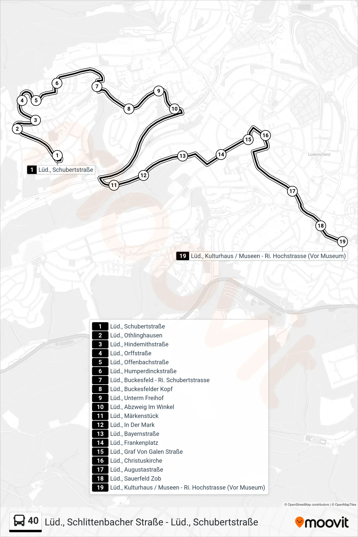 40 bus Line (Lüd., Kulturhaus / Museen - Ri. Hochstrasse (Vor Museum)) route and stops on a map