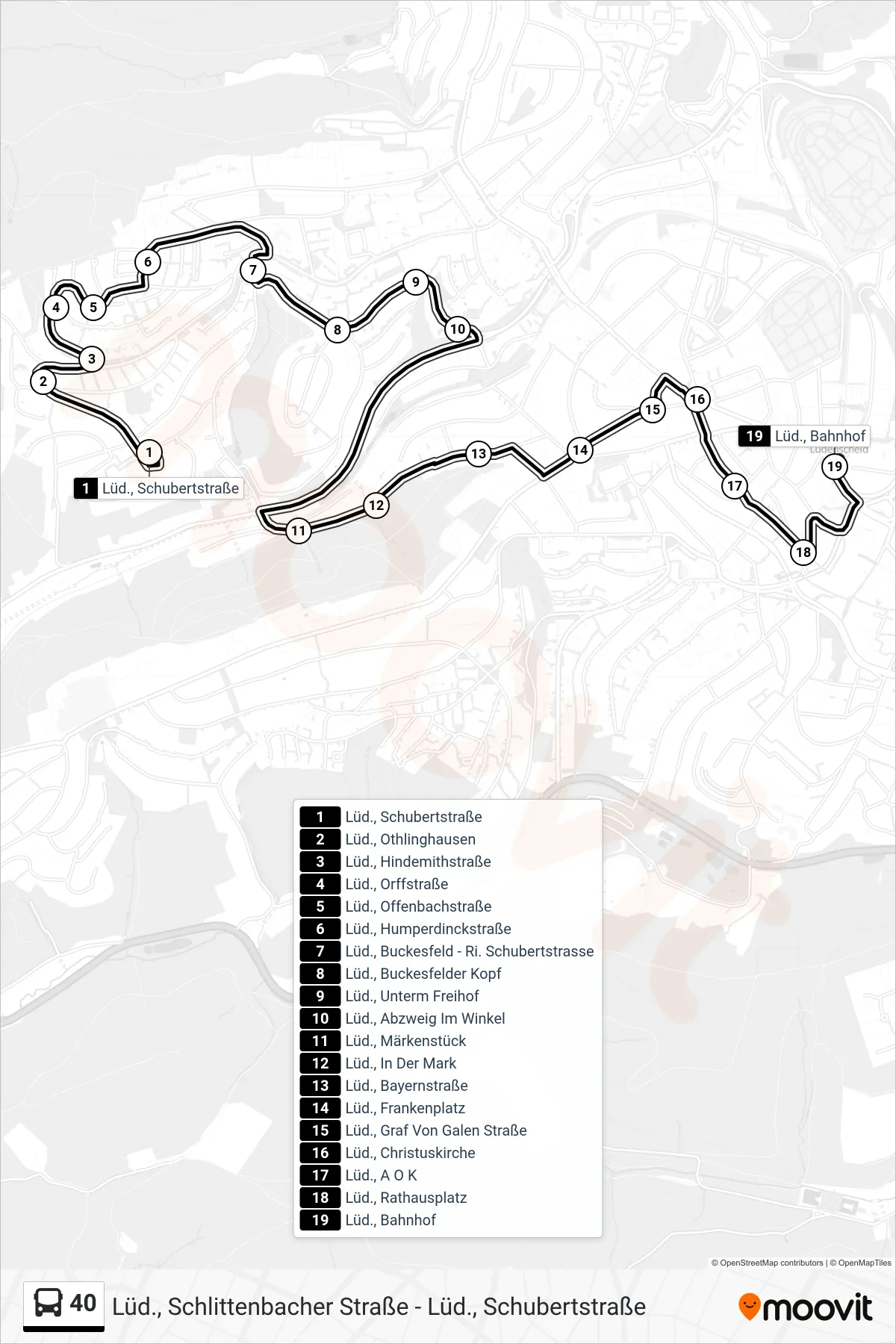 40 bus Line (Lüd., Bahnhof Steig 4a) route and stops on a map