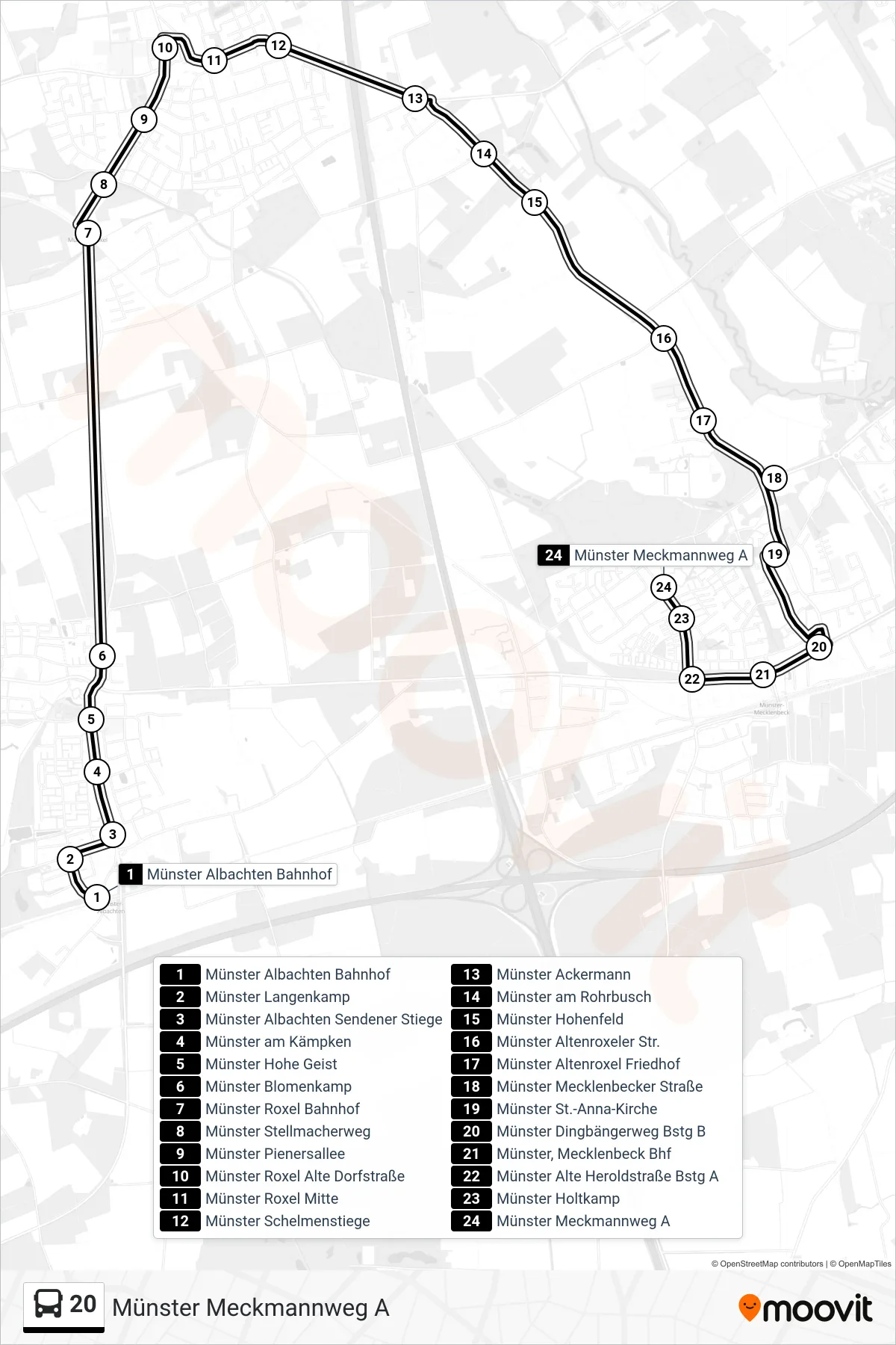 20 bus Line (Münster Meckmannweg A) route and stops on a map