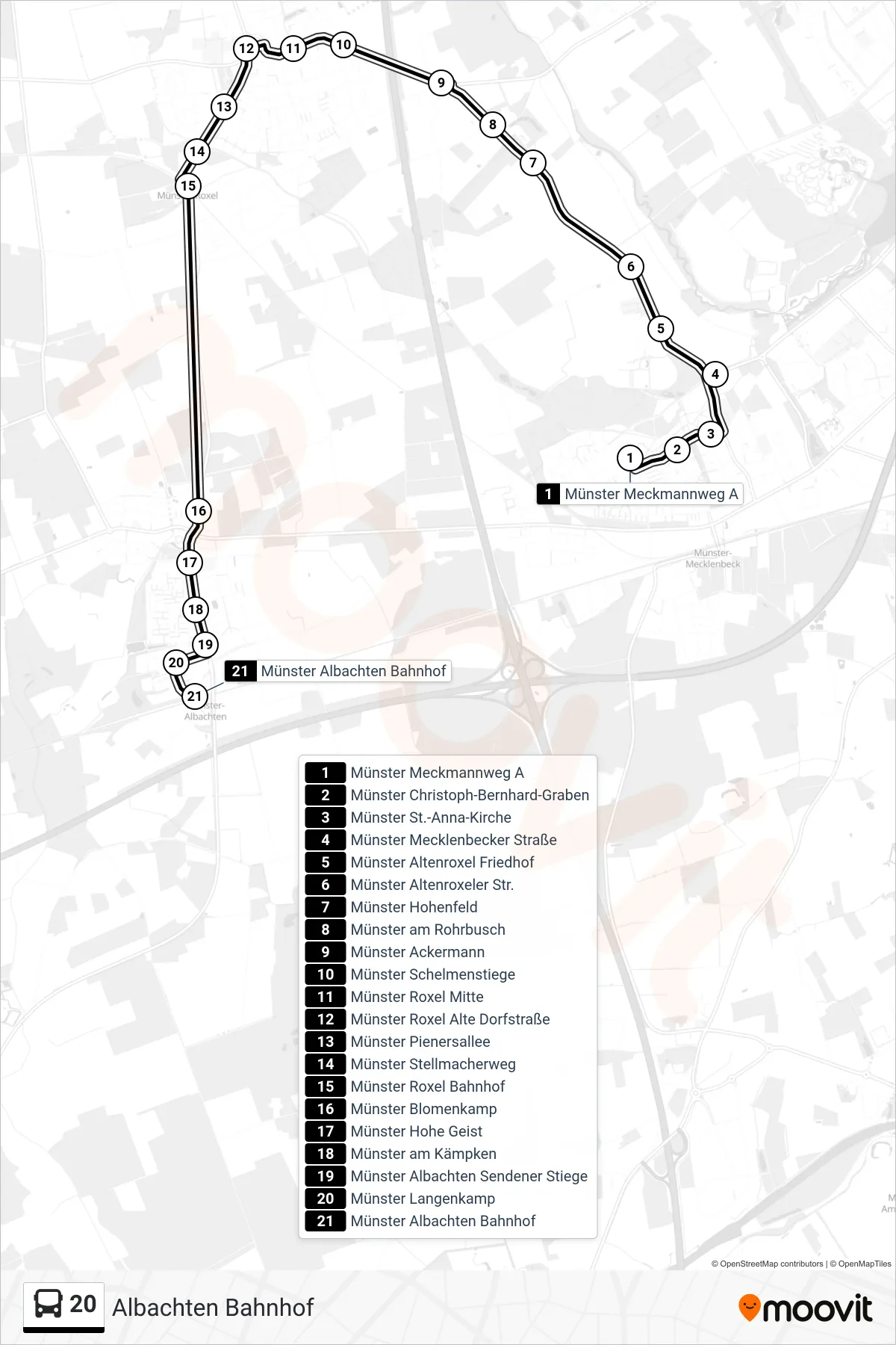 Linie 20 (Bus) Richtung Albachten Bahnhof: Route und Haltestellen auf der Karte