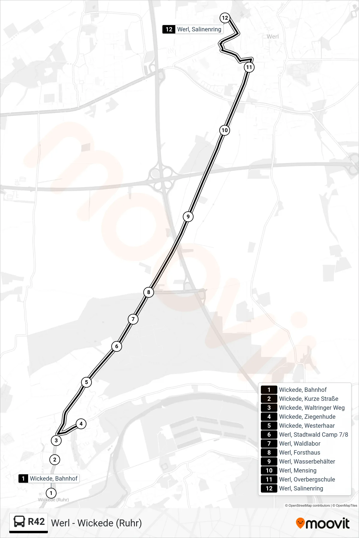 R42 bus Line (Werl, Salinenring) route and stops on a map