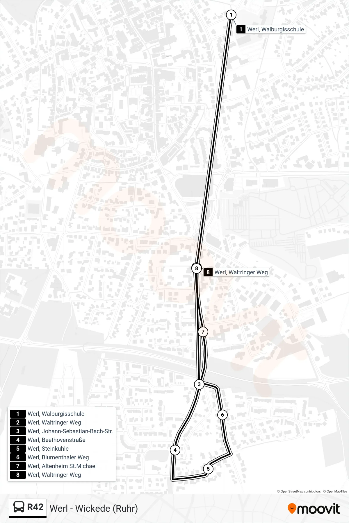 Linie R42 (Bus) Richtung Werl, Waltringer Weg: Route und Haltestellen auf der Karte