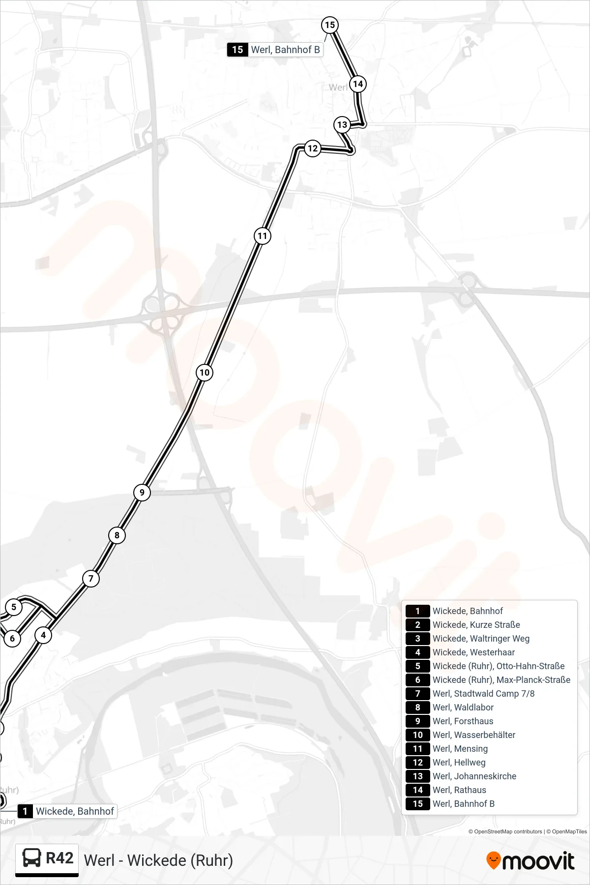 R42 bus Line (Werl, Bahnhof B) route and stops on a map