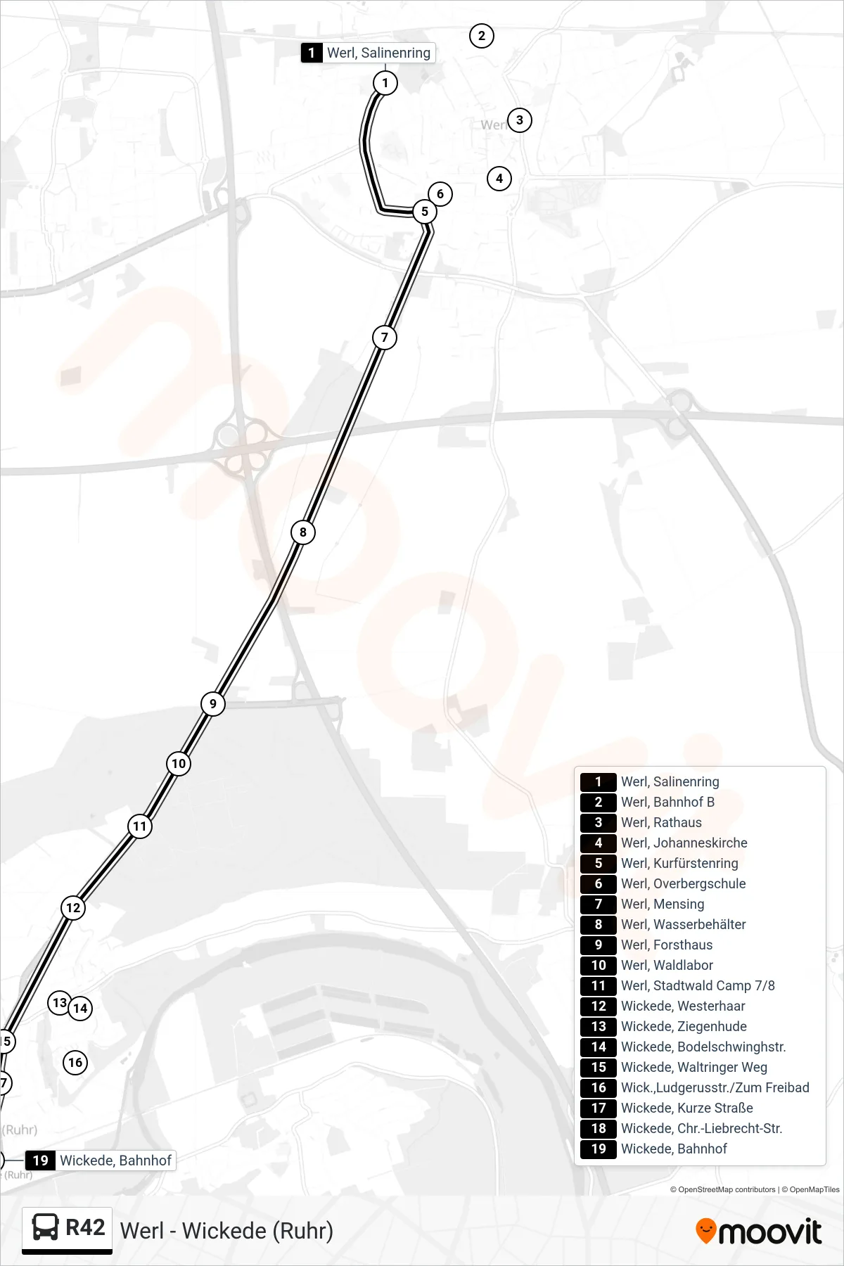 R42 bus Line (Wickede, Bahnhof) route and stops on a map
