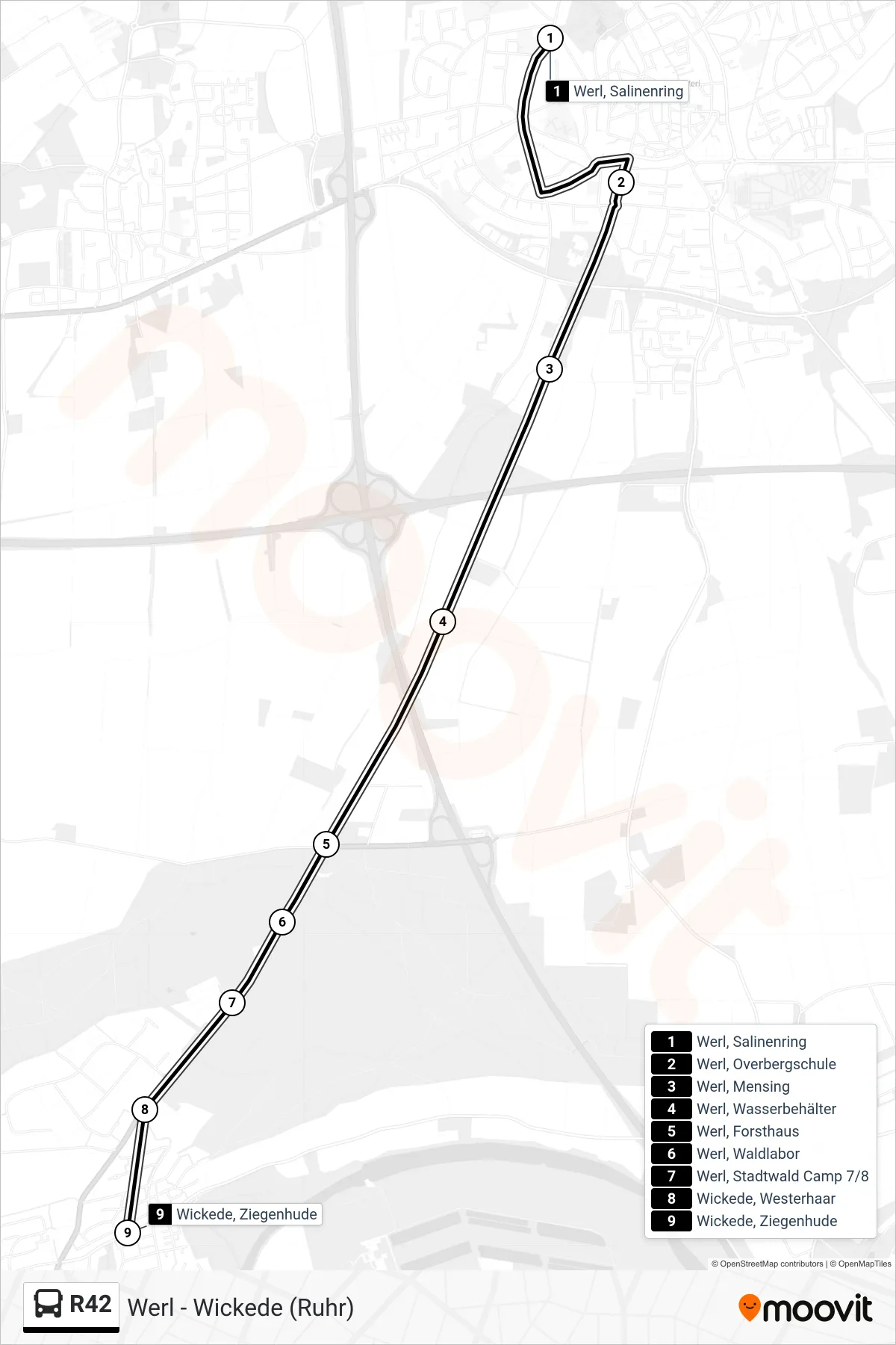 R42 bus Line (Wickede, Ziegenhude) route and stops on a map