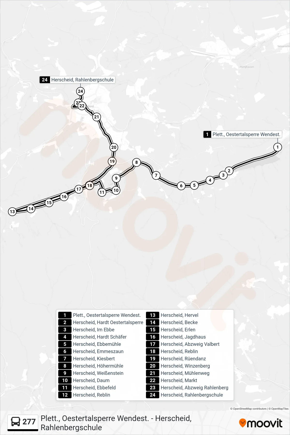 277 bus Line (Herscheid, Rahlenbergschule) route and stops on a map