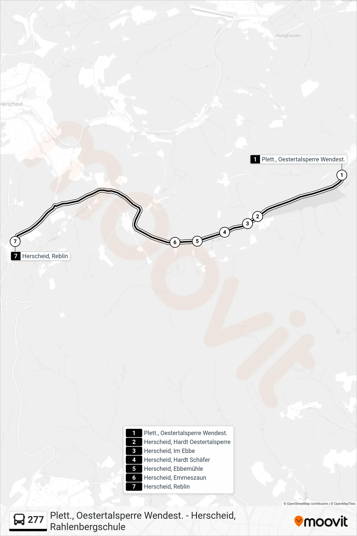 277 bus Line (Herscheid, Reblin) route and stops on a map