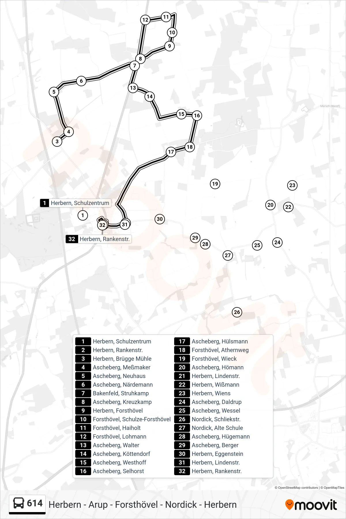 614 bus Line (Herbern, Rankenstr.) route and stops on a map