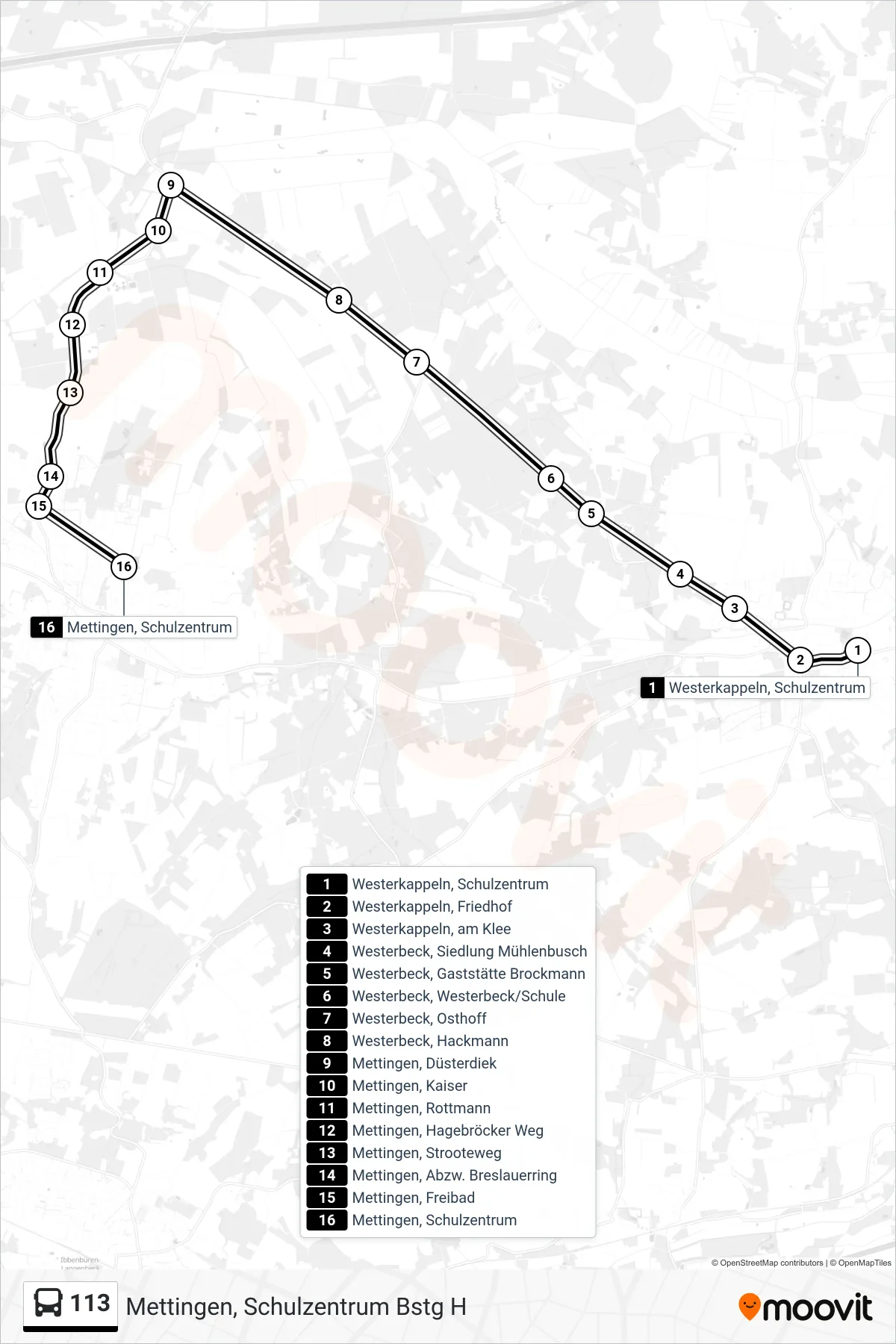 113 bus Line (Mettingen, Schulzentrum Bstg H) route and stops on a map