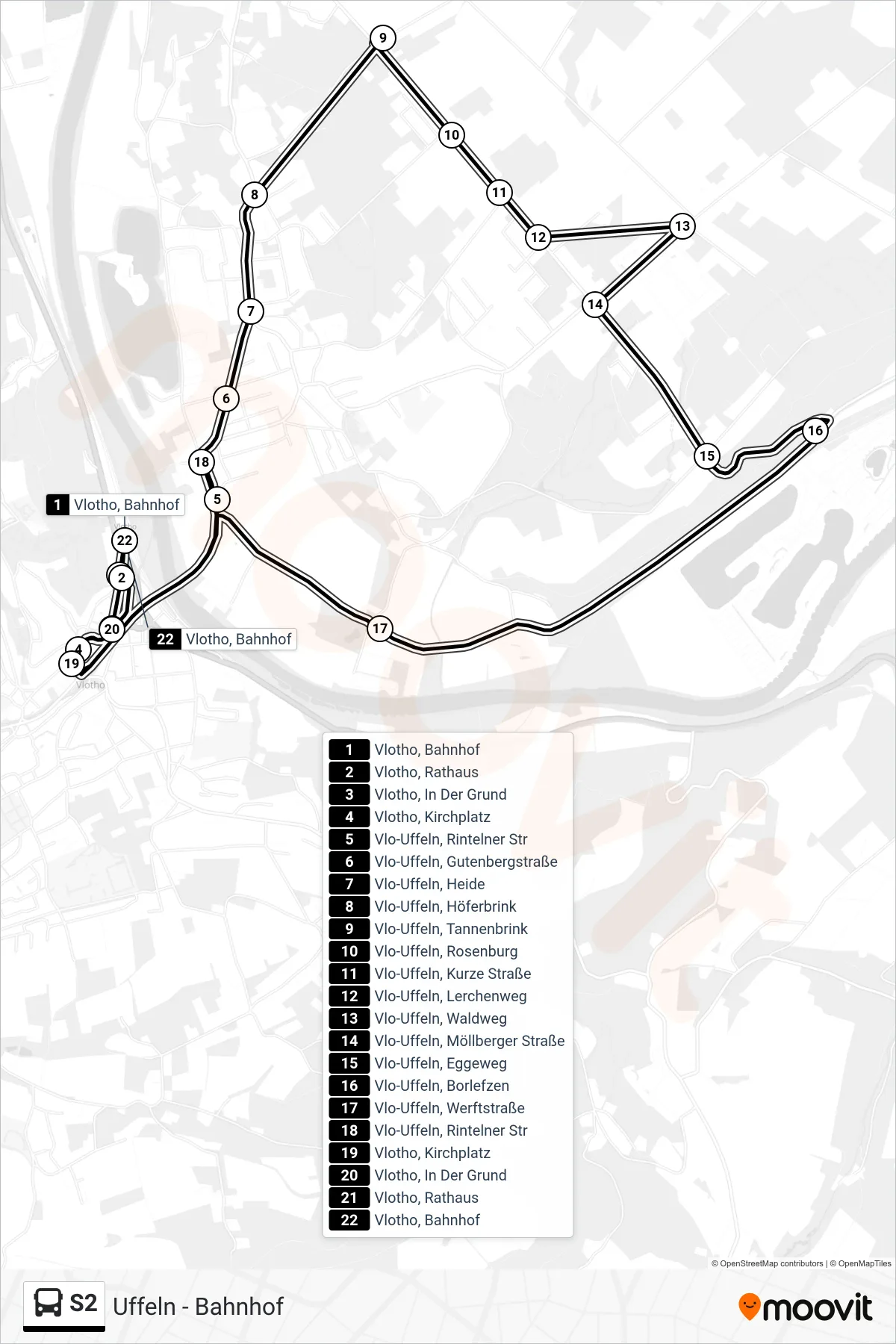 S2 bus Line (Uffeln - Bahnhof) route and stops on a map