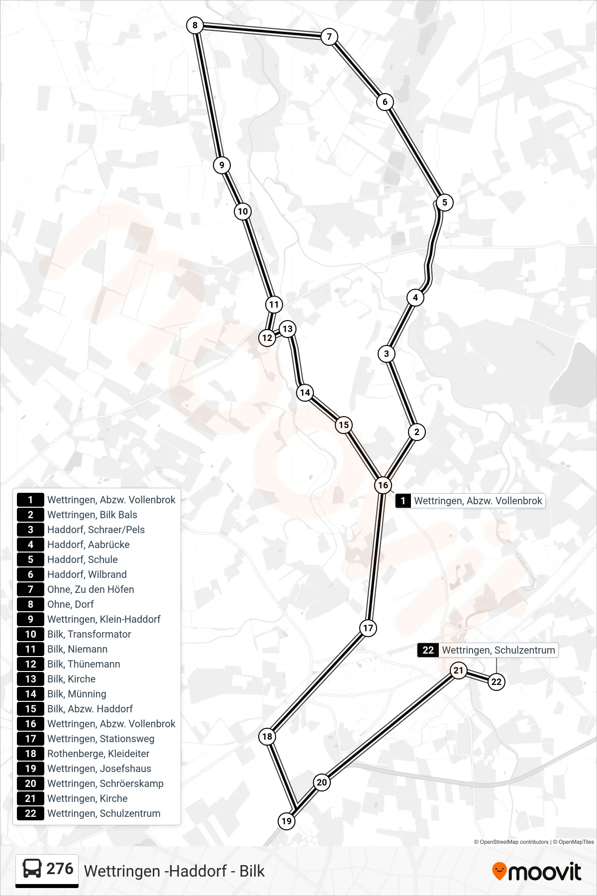 276 bus Line (Wettringen, Schulzentrum) route and stops on a map