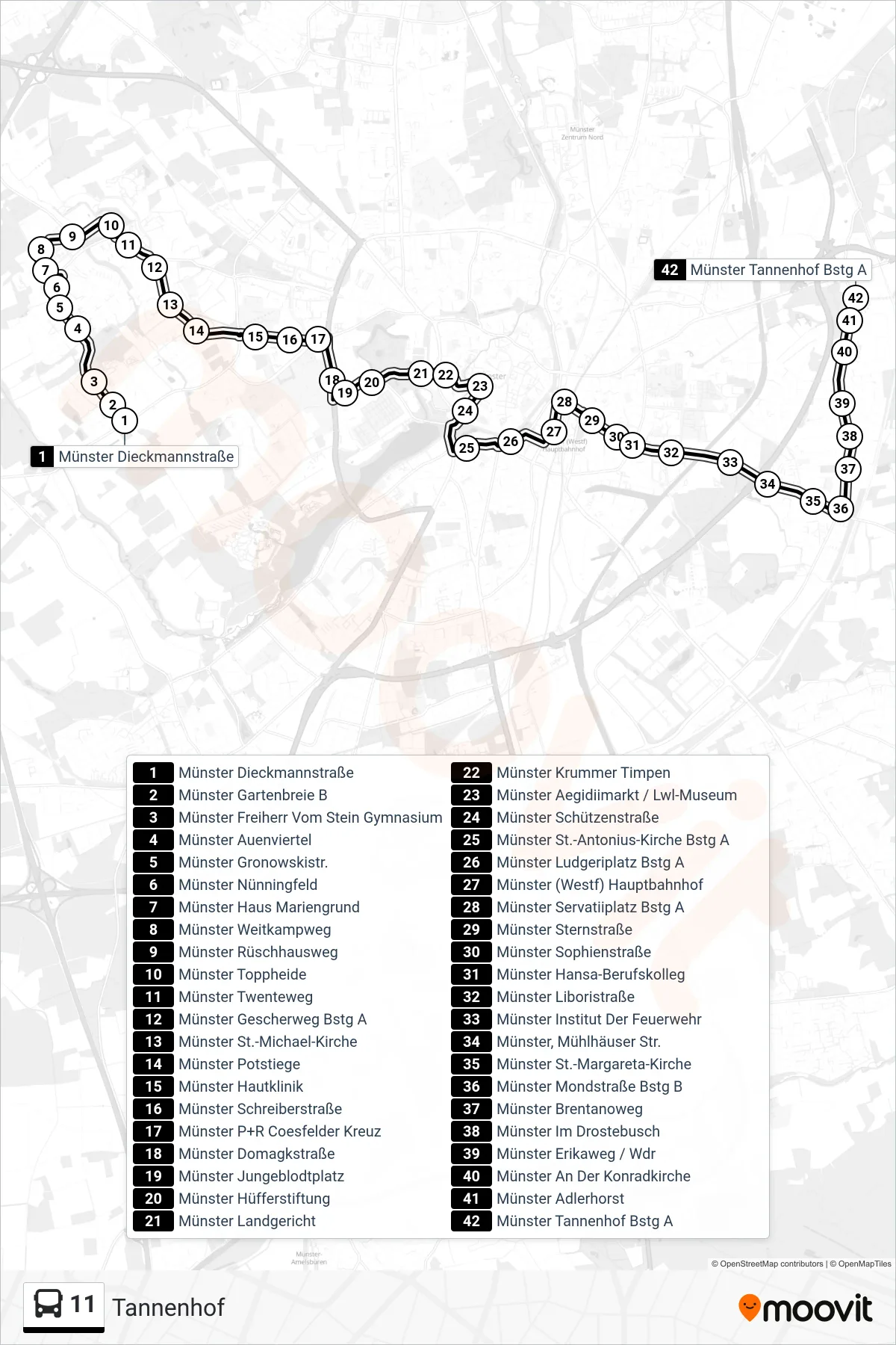 11 bus Line (Tannenhof) route and stops on a map