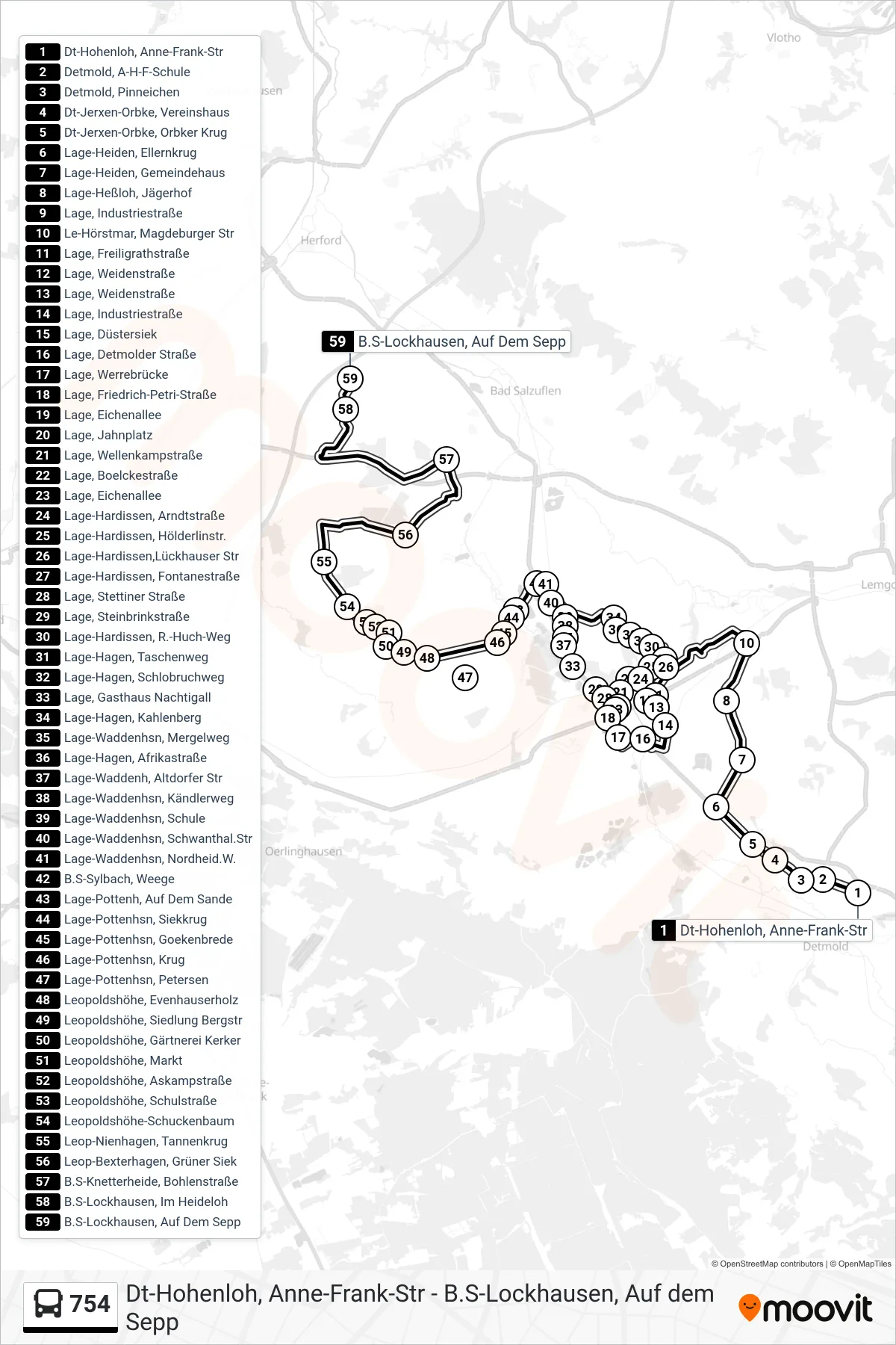 754 bus Line (B.S-Lockhausen, Auf Dem Sepp) route and stops on a map