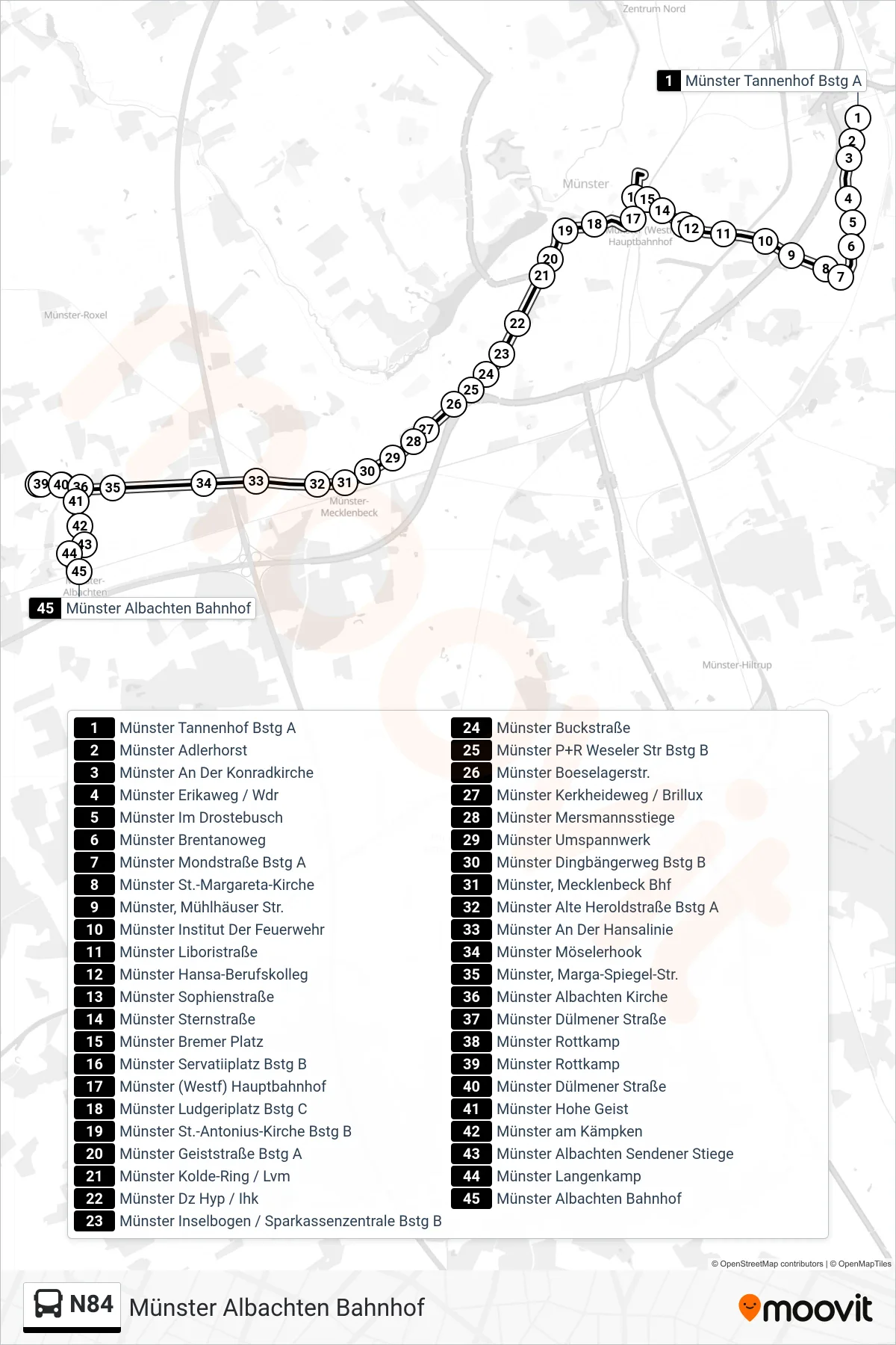N84 bus Line (Münster Albachten Bahnhof) route and stops on a map