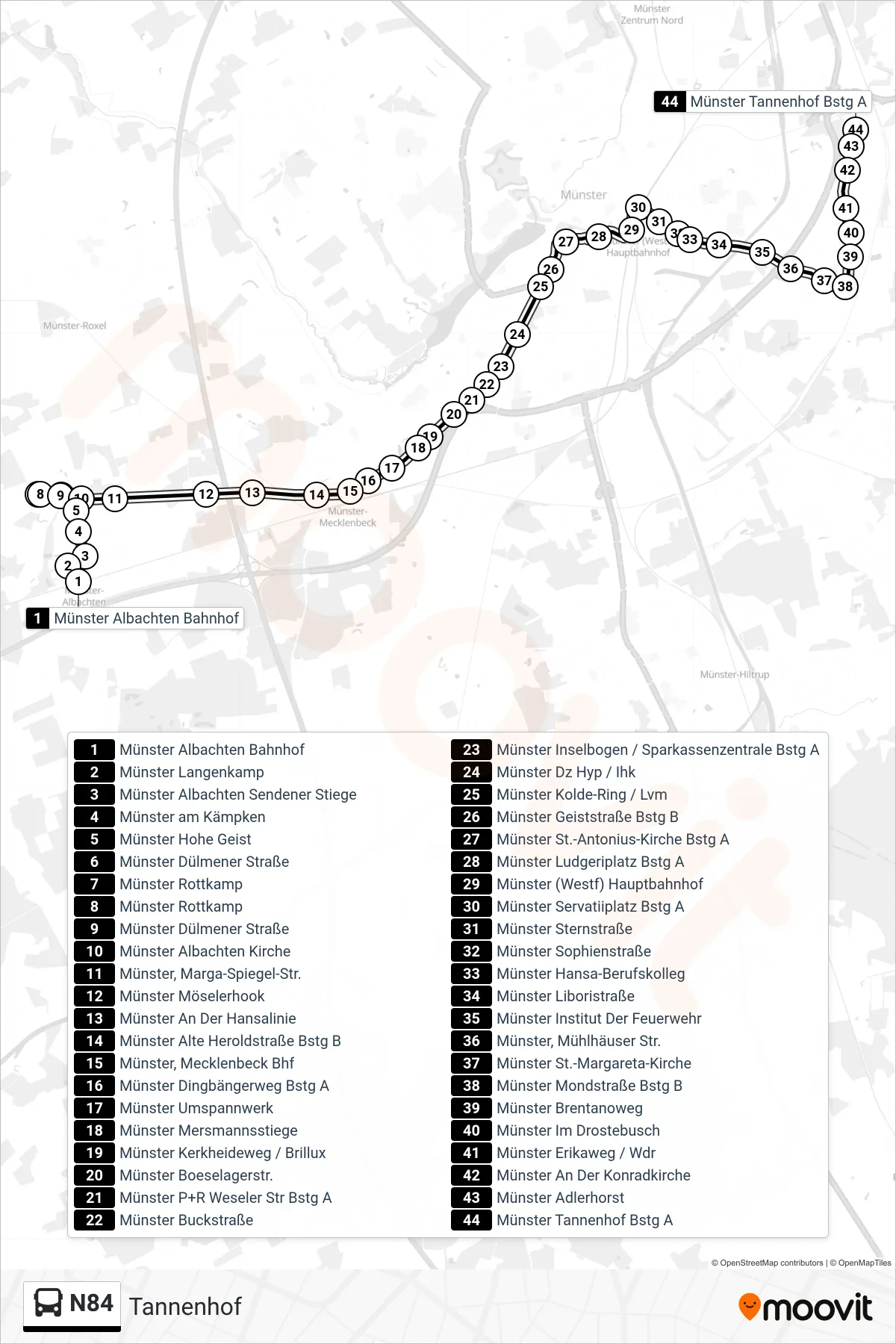 N84 bus Line (Tannenhof) route and stops on a map