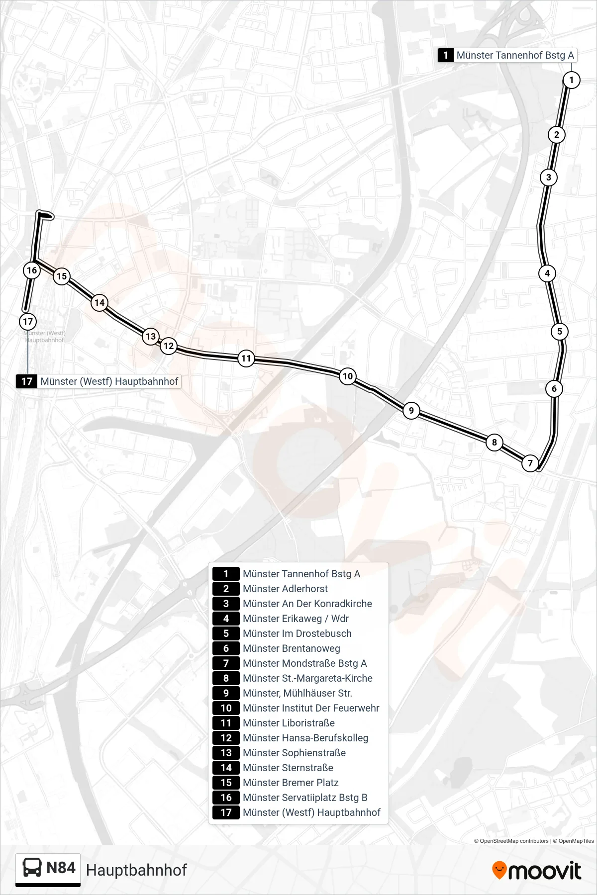 N84 bus Line (Hauptbahnhof) route and stops on a map