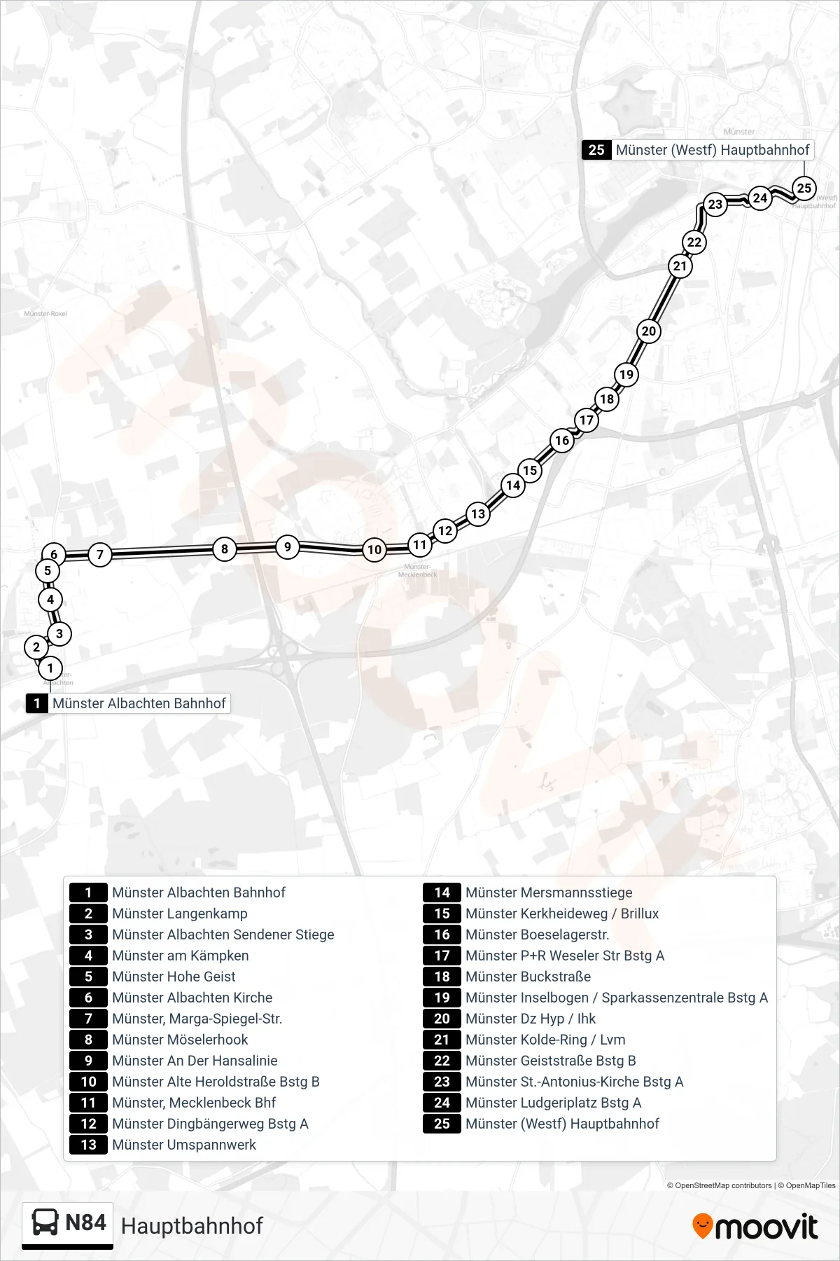 Linie N84 (Bus) Richtung Hauptbahnhof: Route und Haltestellen auf der Karte
