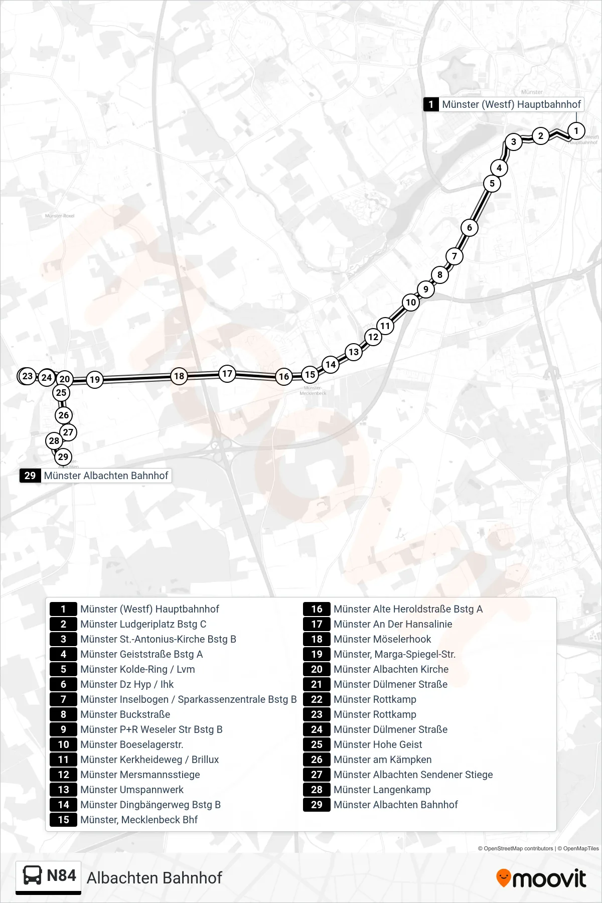 N84 bus Line (Albachten Bahnhof) route and stops on a map