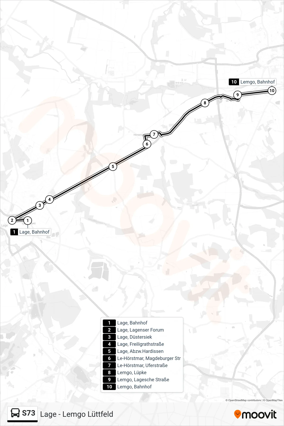 S73 bus Line (Lemgo, Bahnhof Steig 2) route and stops on a map