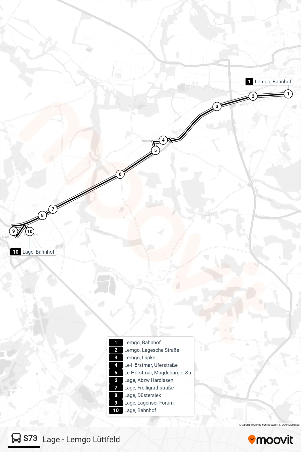 Linie S73 (Bus) Richtung Lage, Bahnhof: Route und Haltestellen auf der Karte