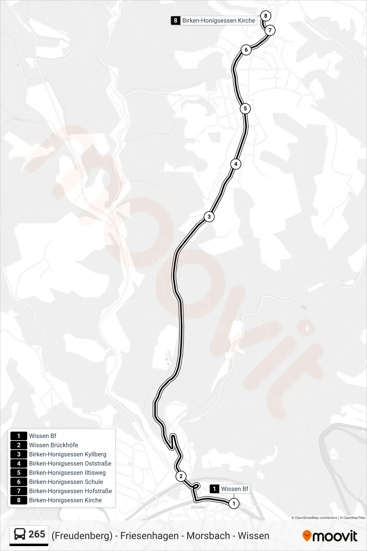 265 bus Line (Birken-Honigsessen Kirche) route and stops on a map