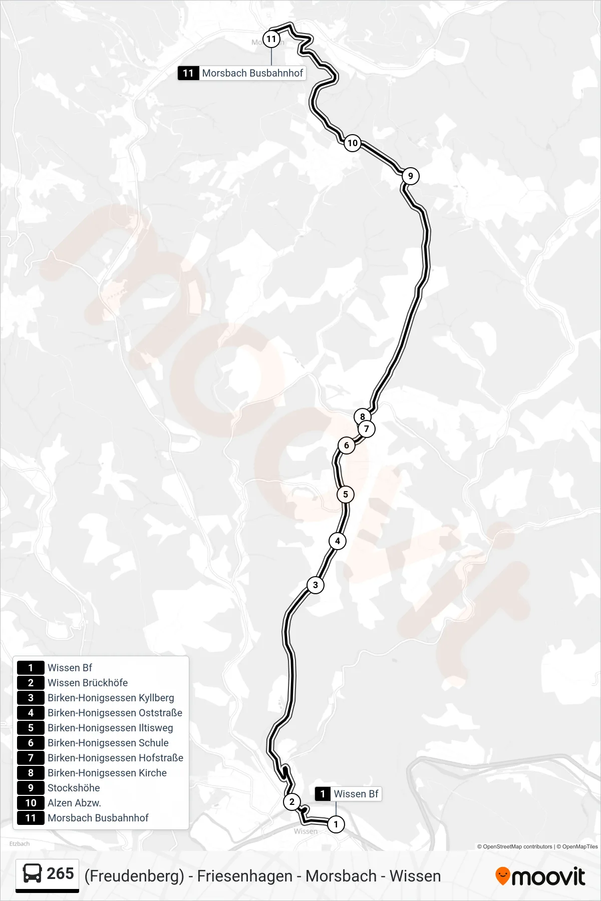 265 bus Line (Morsbach Busbahnhof) route and stops on a map