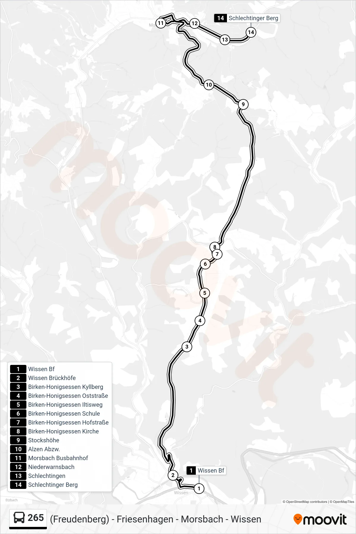 265 bus Line (Schlechtinger Berg) route and stops on a map