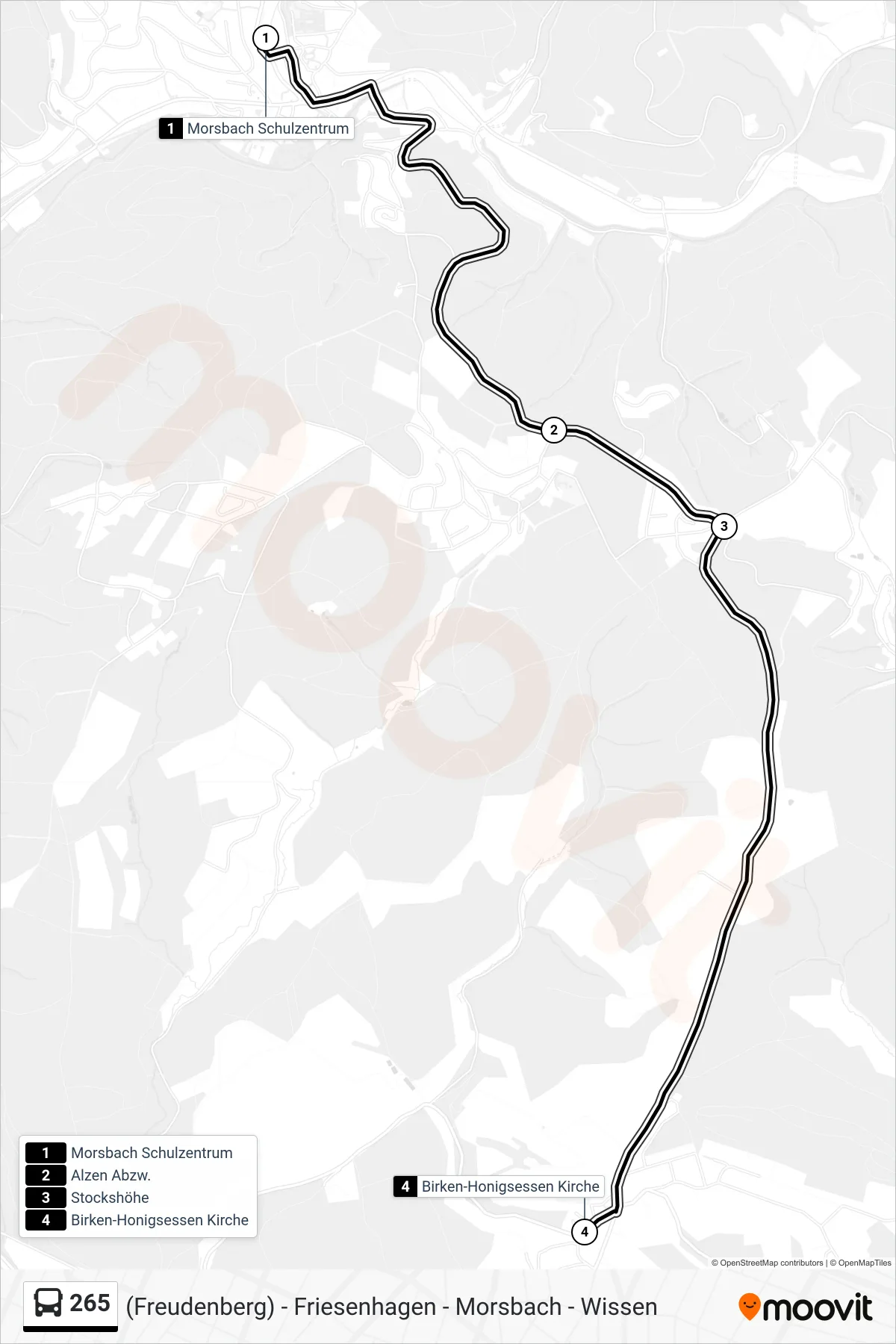 265 bus Line (Birken-Honigsessen Kirche) route and stops on a map