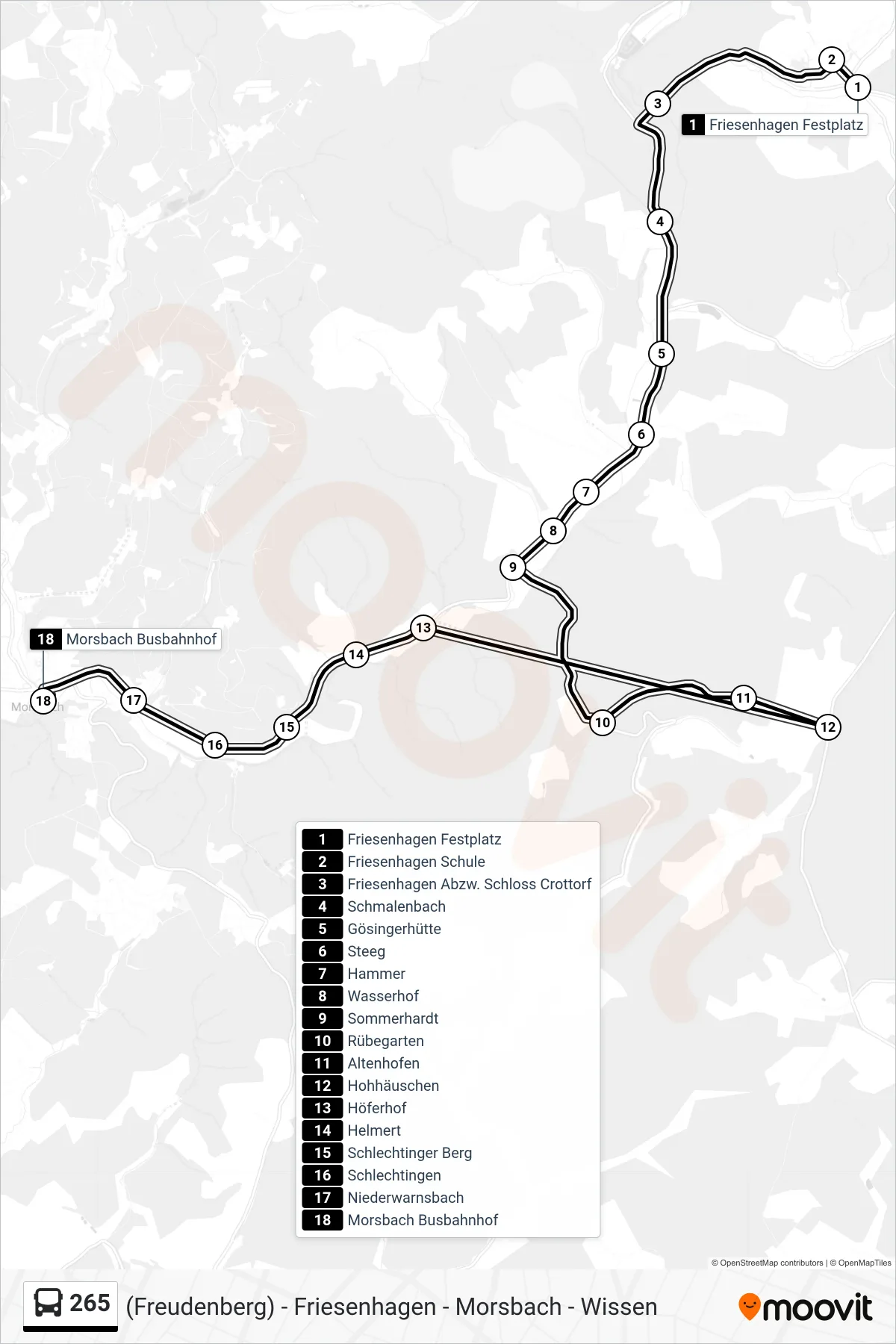 265 bus Line (Morsbach Busbahnhof) route and stops on a map