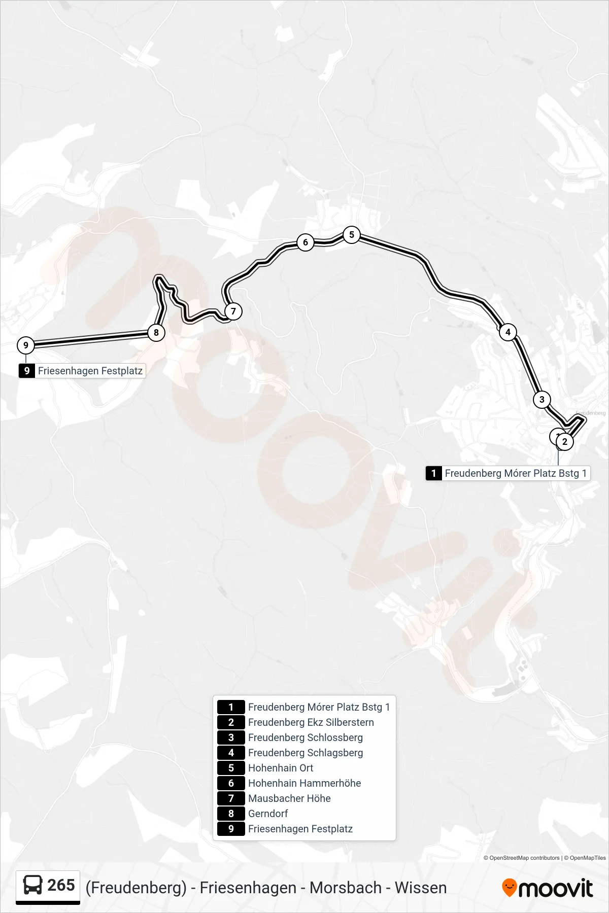 265 bus Line (Friesenhagen Festplatz) route and stops on a map