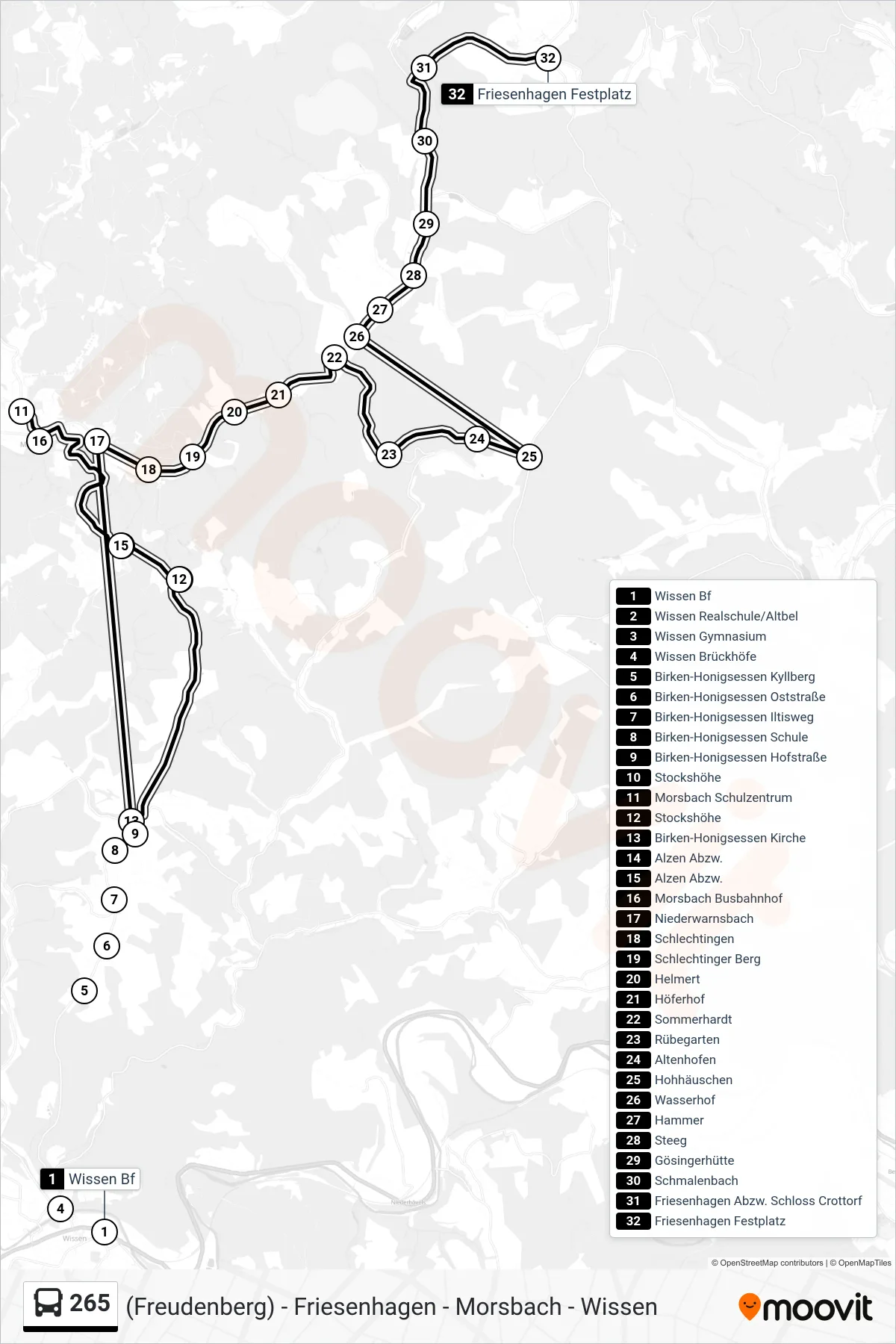 265 bus Line (Friesenhagen Festplatz) route and stops on a map