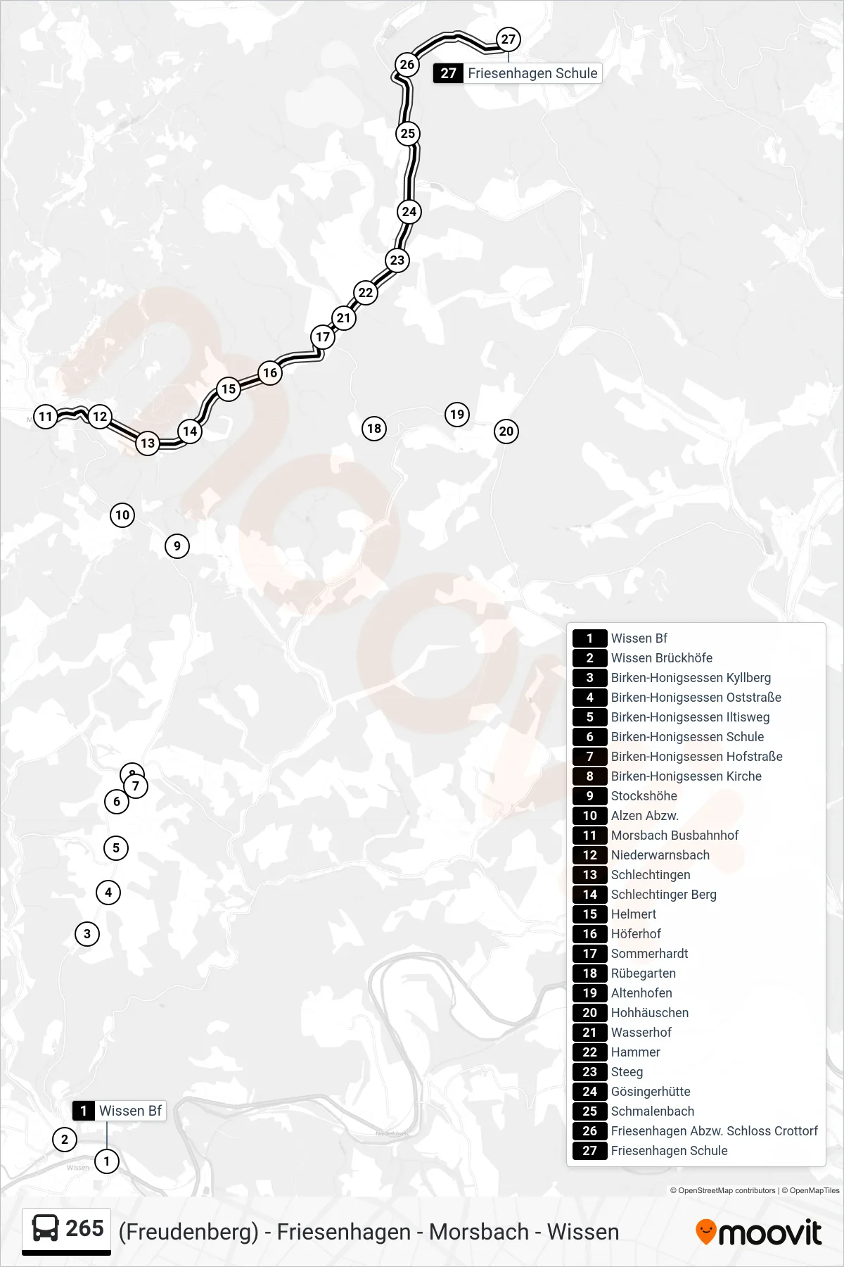 265 bus Line (Friesenhagen Schule) route and stops on a map