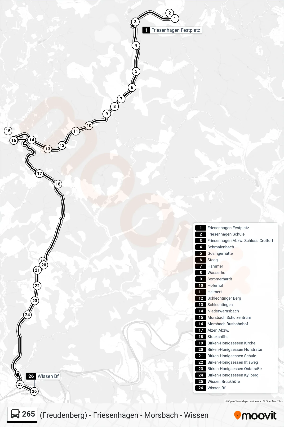 Linie 265 (Bus) Richtung Wissen Bf: Route und Haltestellen auf der Karte