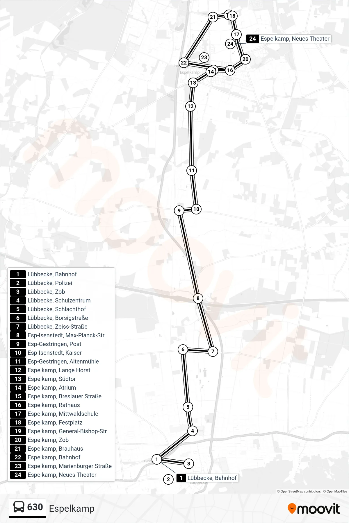 630 bus Line (Espelkamp) route and stops on a map