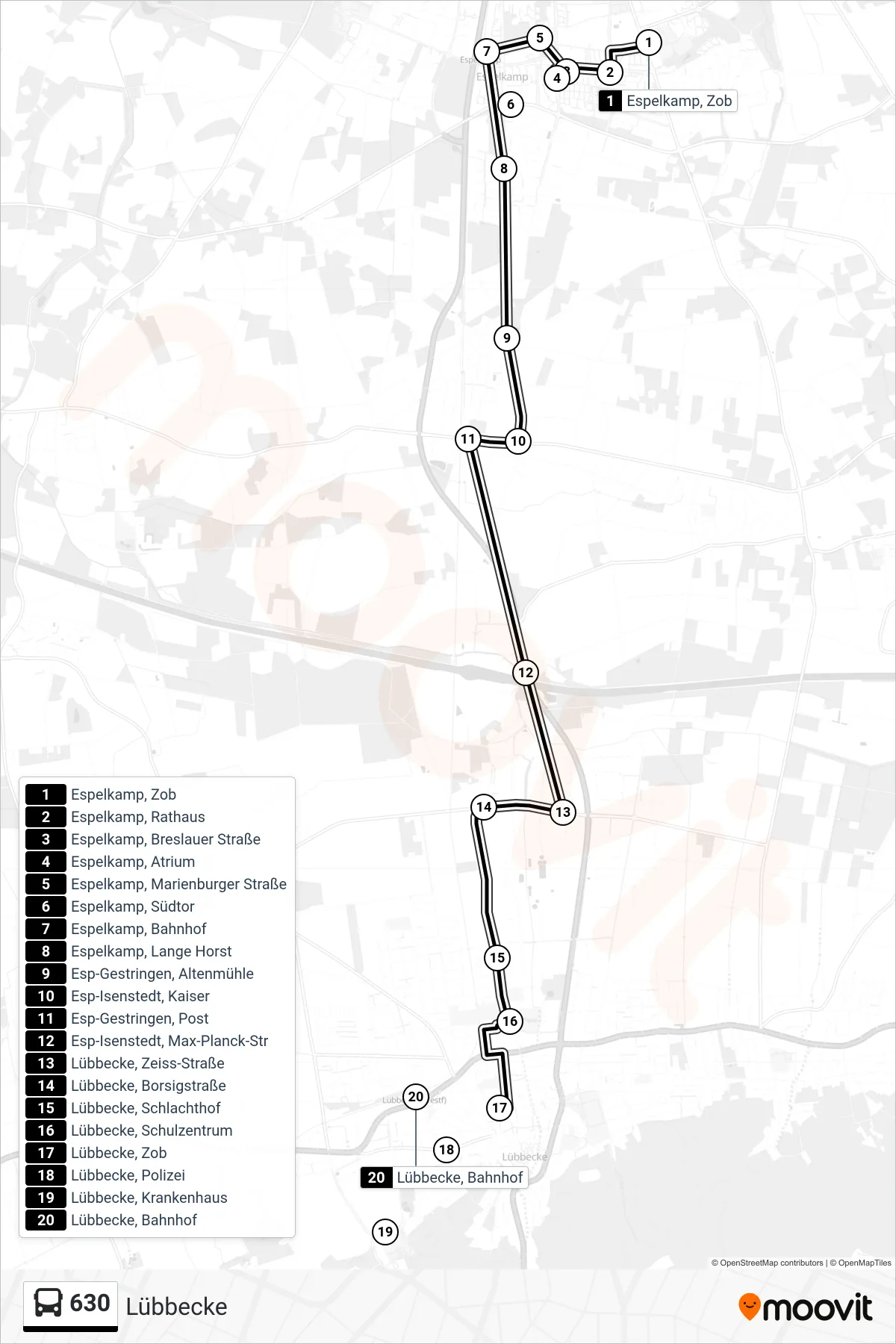 630 bus Line (Lübbecke) route and stops on a map