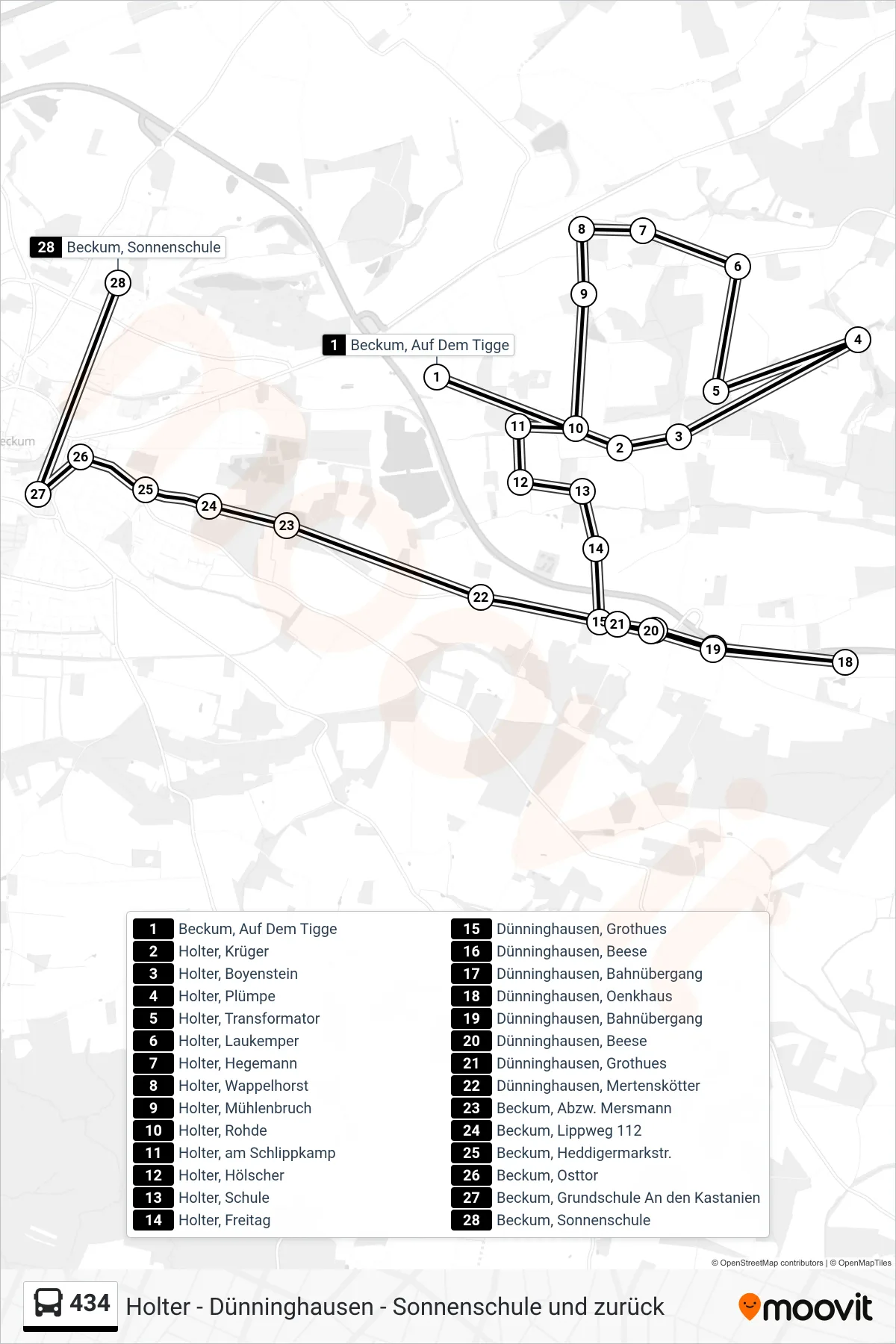 434 bus Line (Beckum, Sonnenschule) route and stops on a map