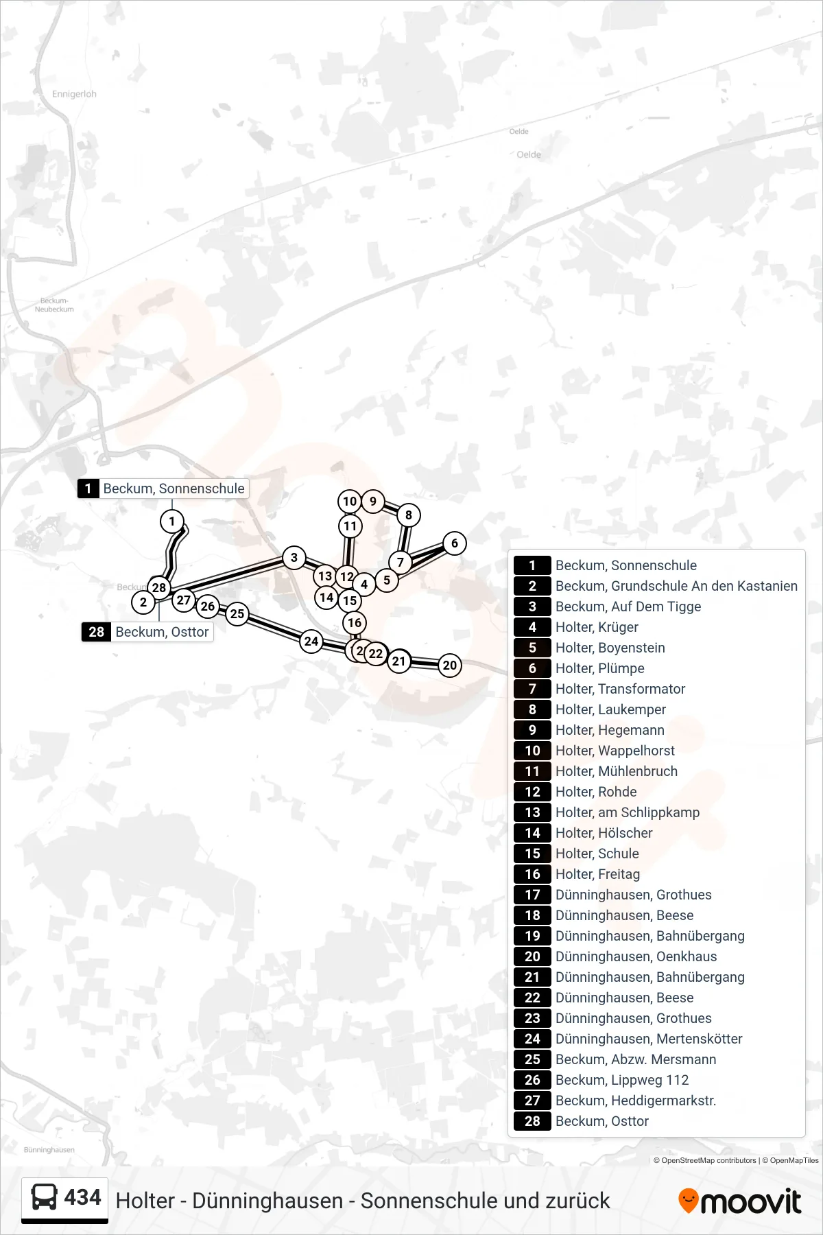 434 bus Line (Beckum, Osttor) route and stops on a map