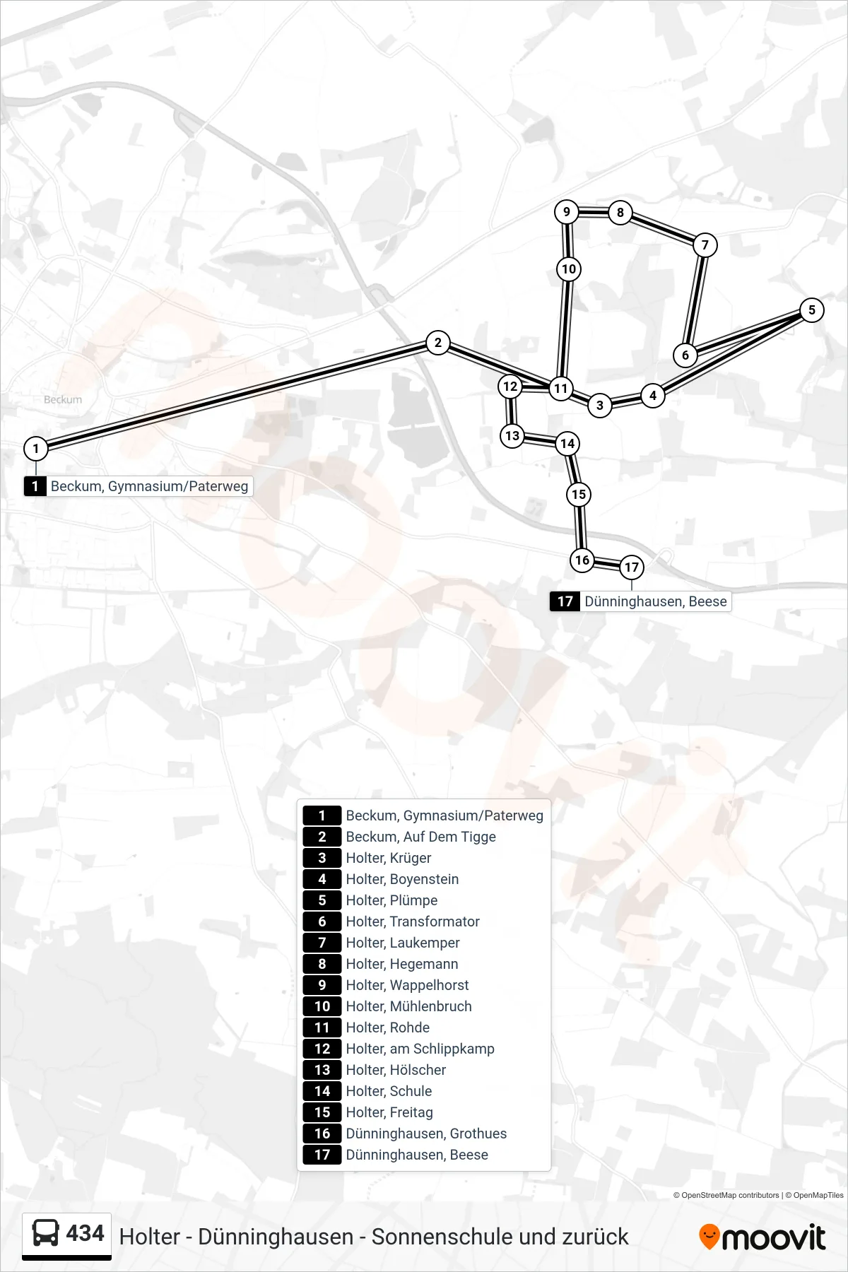 Linie 434 (Bus) Richtung Dünninghausen, Beese: Route und Haltestellen auf der Karte