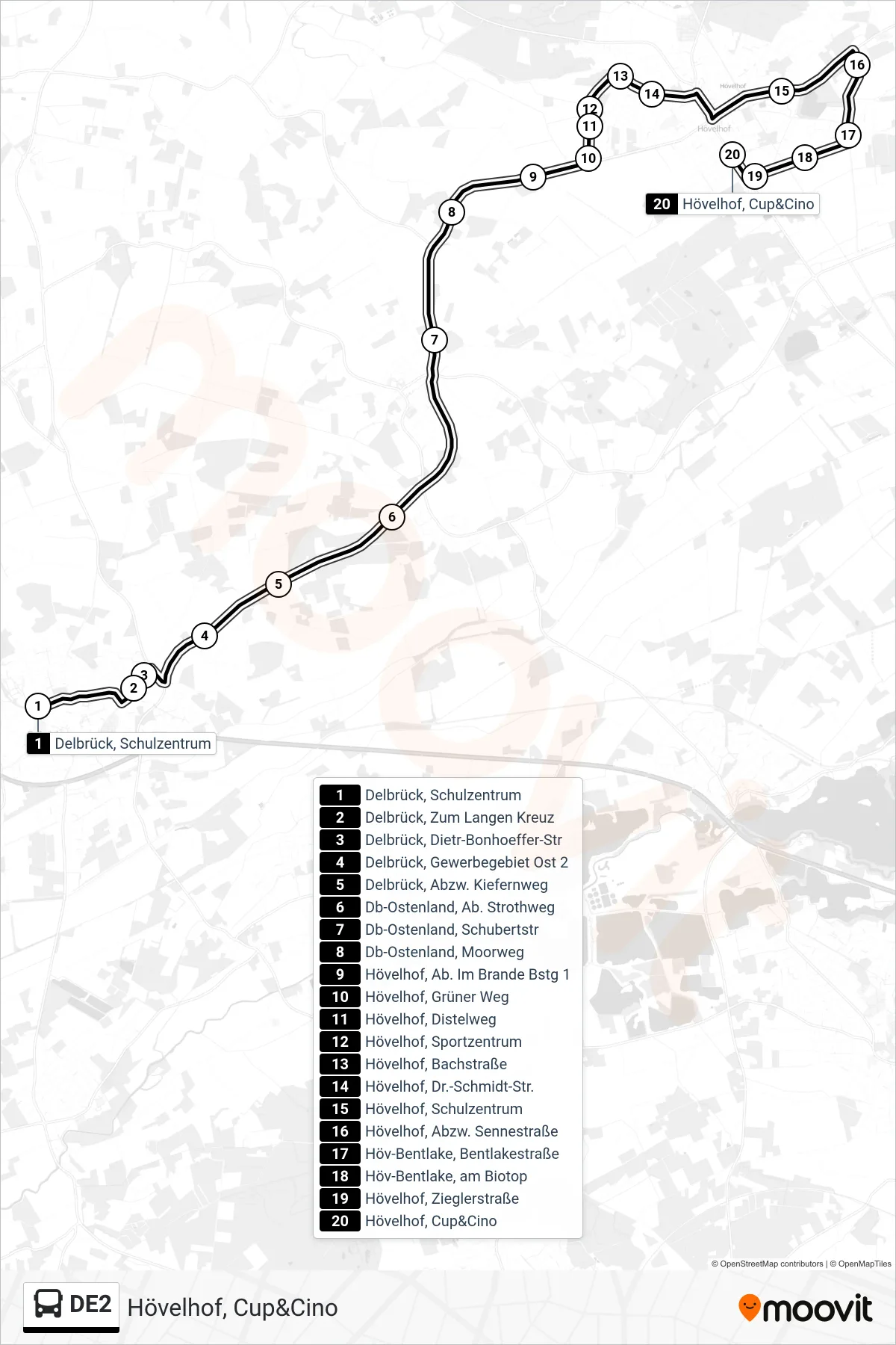 Linie DE2 (Bus) Richtung Hövelhof, Cup&Cino: Route und Haltestellen auf der Karte