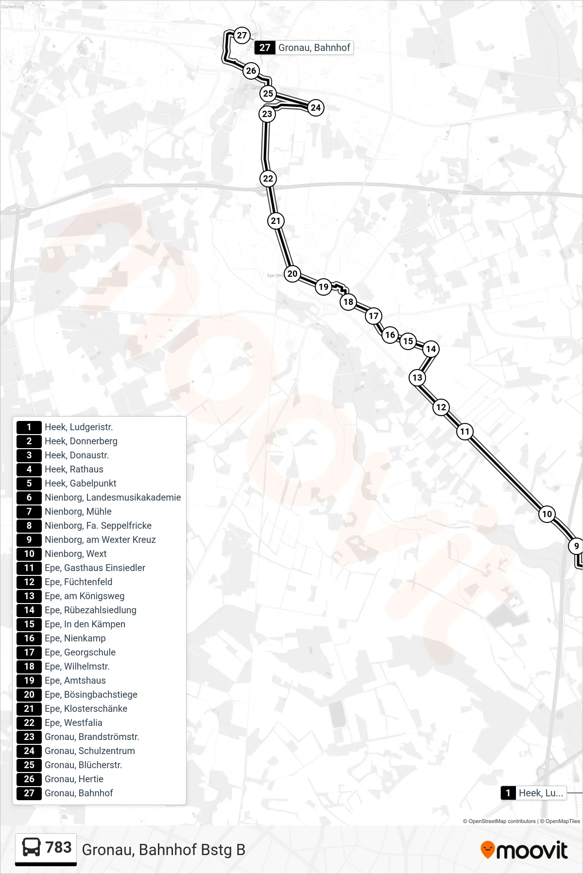 Linie 783 (Bus) Richtung Gronau, Bahnhof Bstg B: Route und Haltestellen auf der Karte