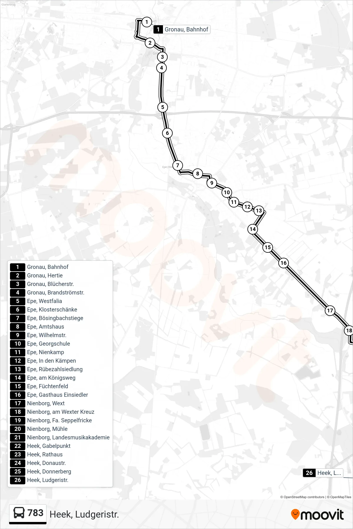 Linie 783 (Bus) Richtung Heek, Ludgeristr.: Route und Haltestellen auf der Karte