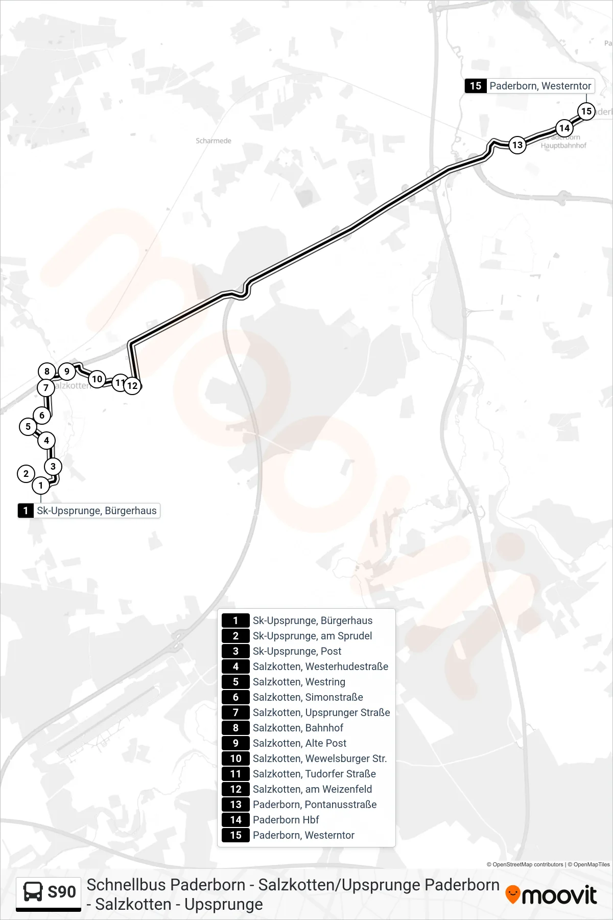 S90 bus Line (Paderborn, Westerntor Steig C) route and stops on a map