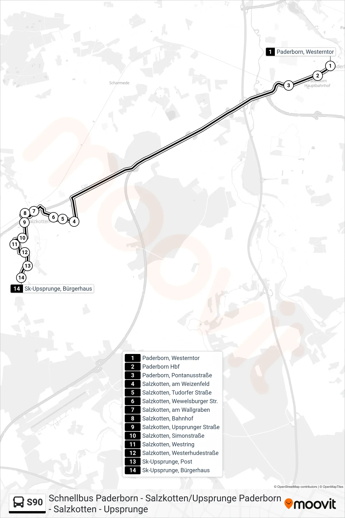 Linie S90 (Bus) Richtung Sk-Upsprunge, Bürgerhaus: Route und Haltestellen auf der Karte