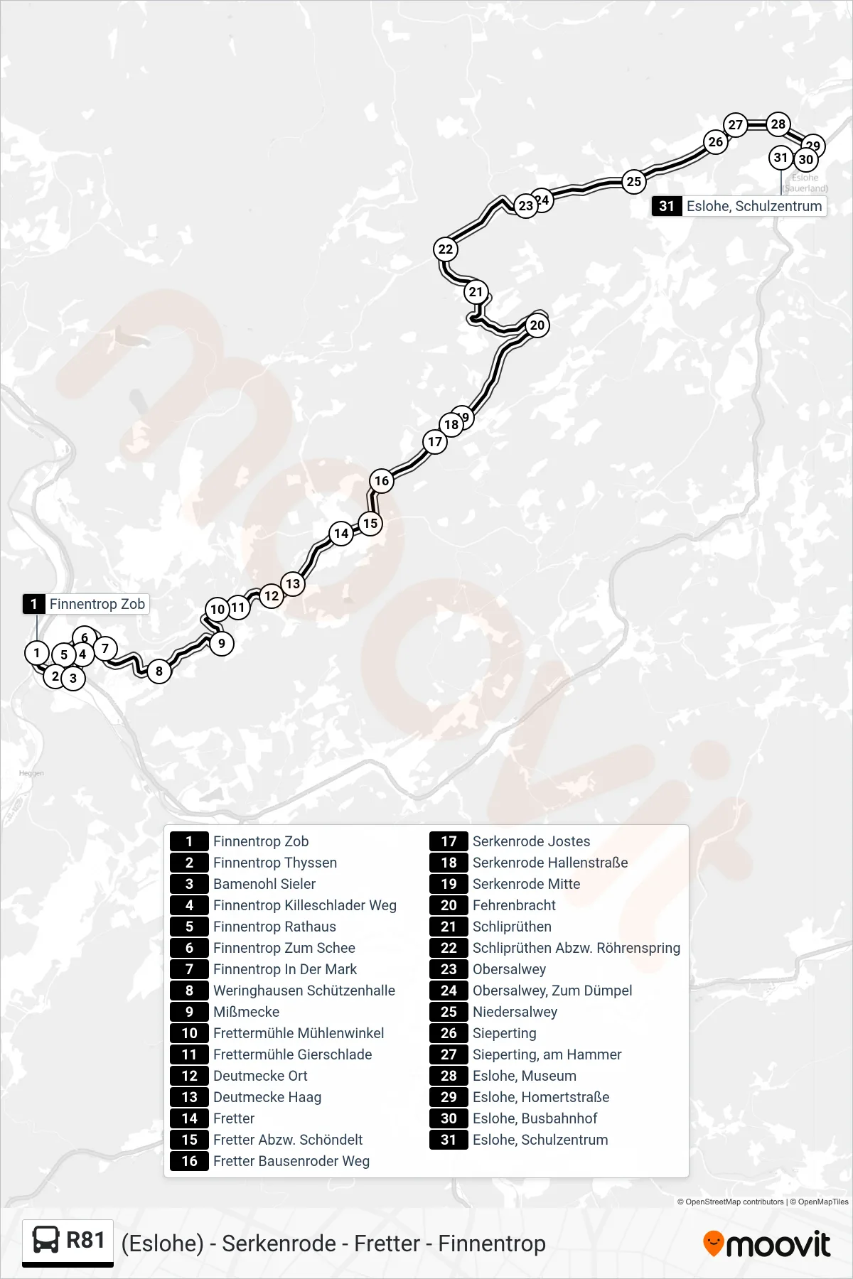 R81 bus Line (Eslohe, Schulzentrum) route and stops on a map