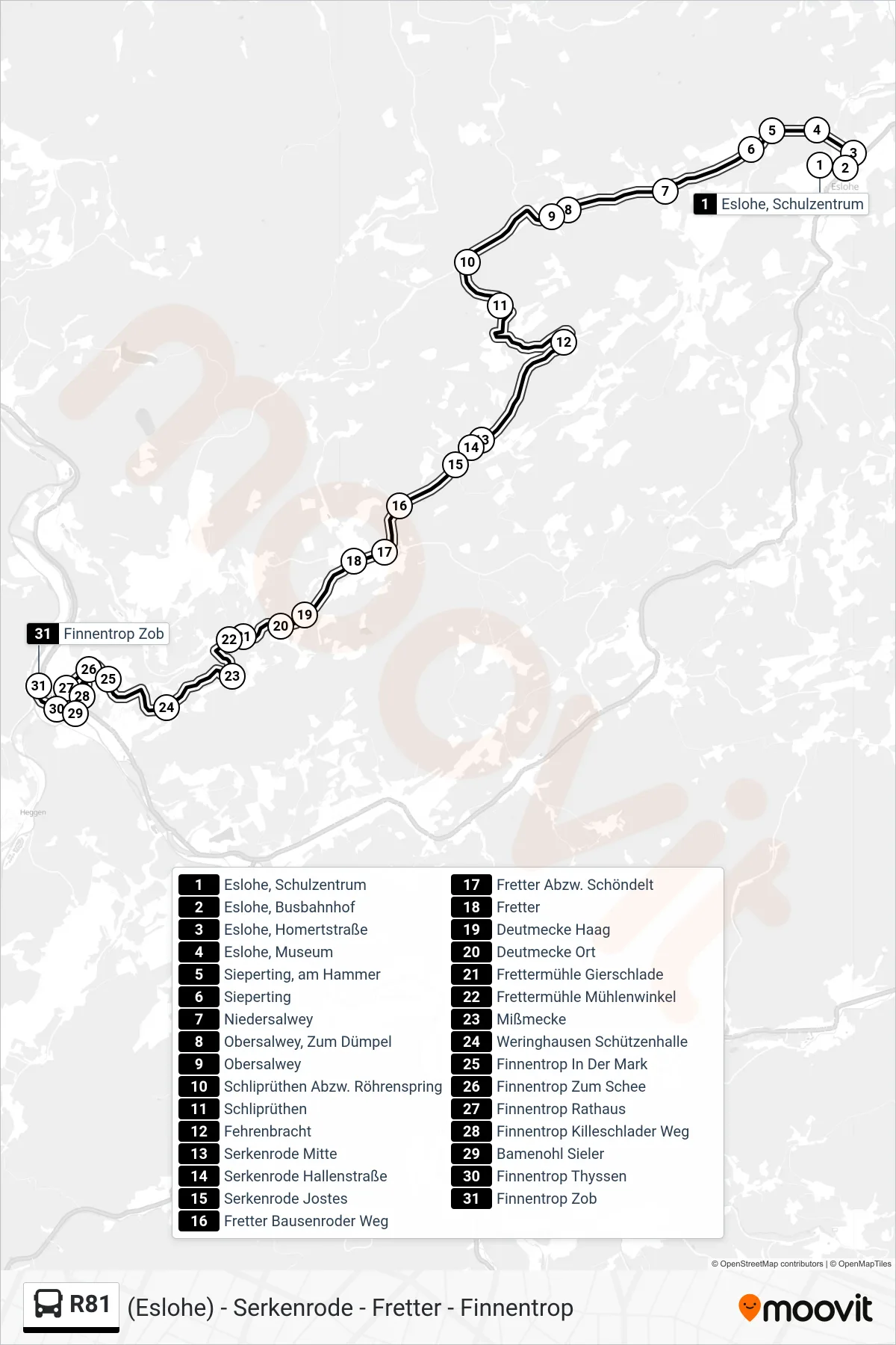 Linie R81 (Bus) Richtung Finnentrop Zob Bstg 2: Route und Haltestellen auf der Karte