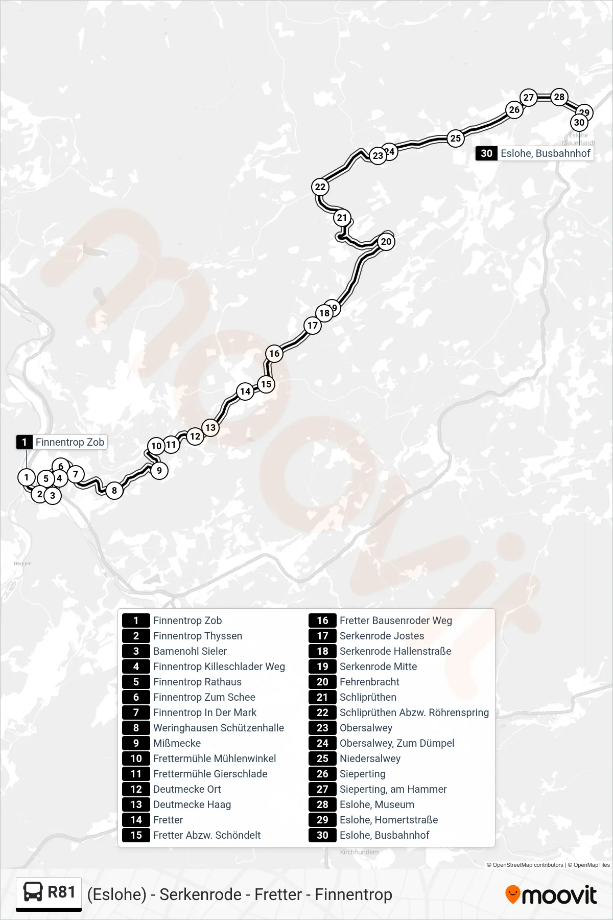 R81 bus Line (Eslohe, Busbahnhof) route and stops on a map