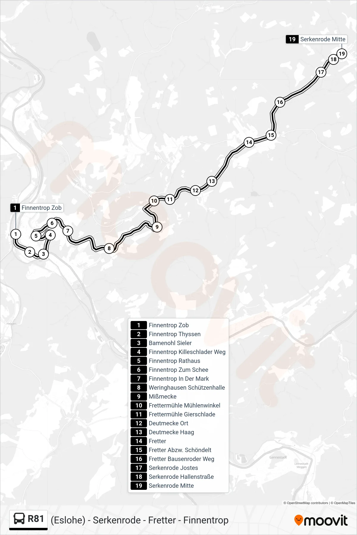 R81 bus Line (Serkenrode Mitte) route and stops on a map
