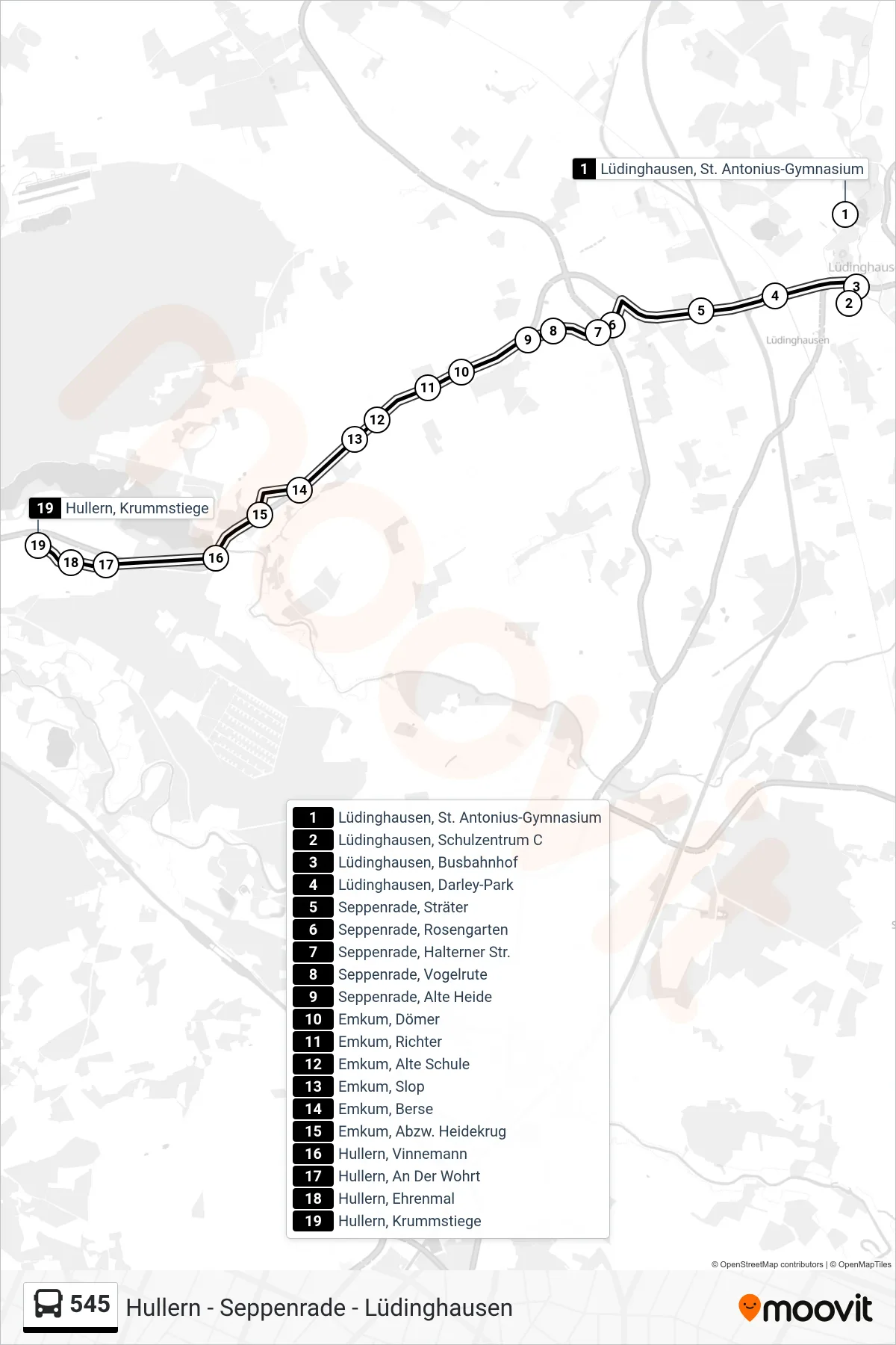 Linie 545 (Bus) Richtung Hullern, Krummstiege: Route und Haltestellen auf der Karte