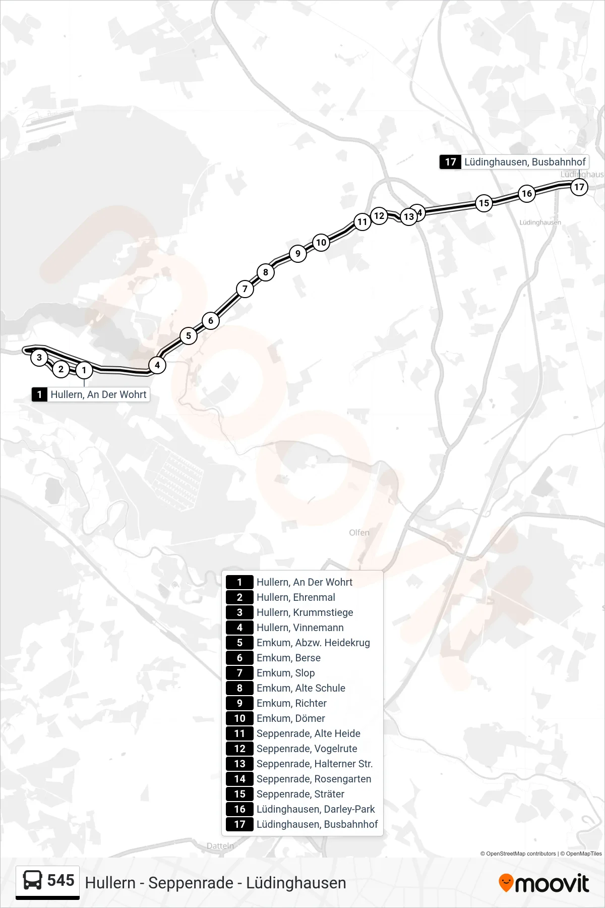 Linie 545 (Bus) Richtung Lüdinghausen, Busbahnhof E: Route und Haltestellen auf der Karte