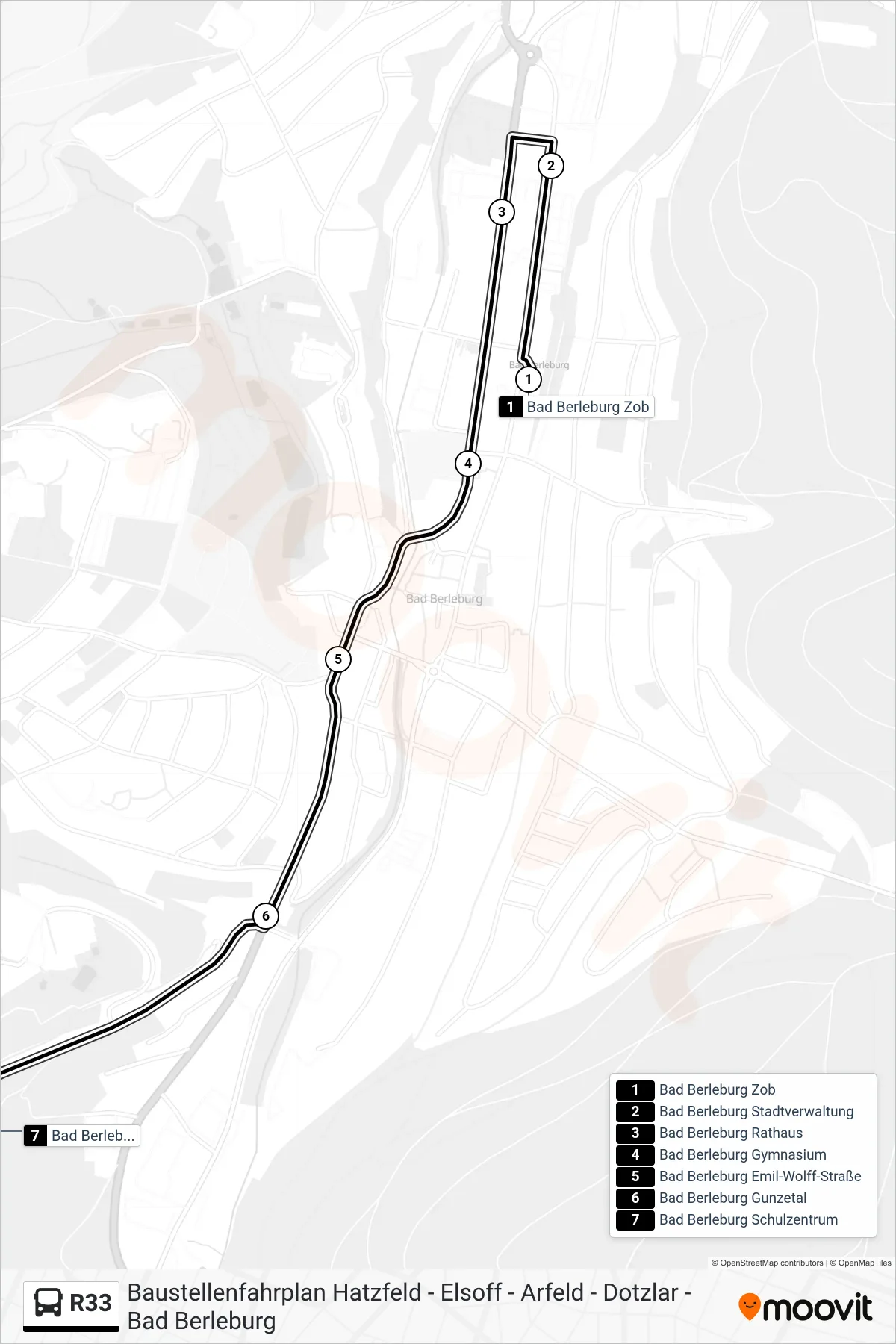 R33 bus Line (Bad Berleburg Schulzentrum) route and stops on a map
